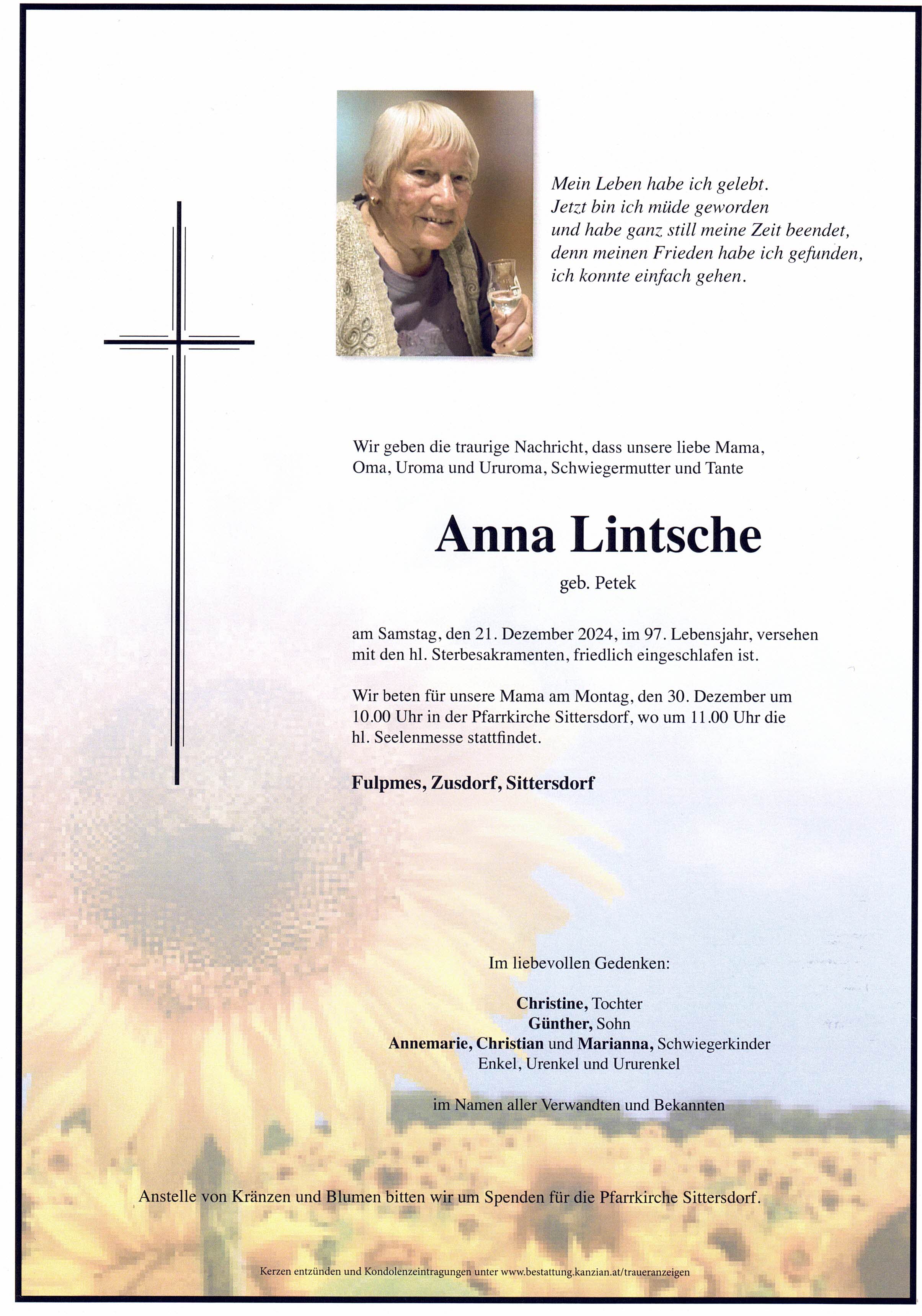 Traueranzeige von Anna Lintsche