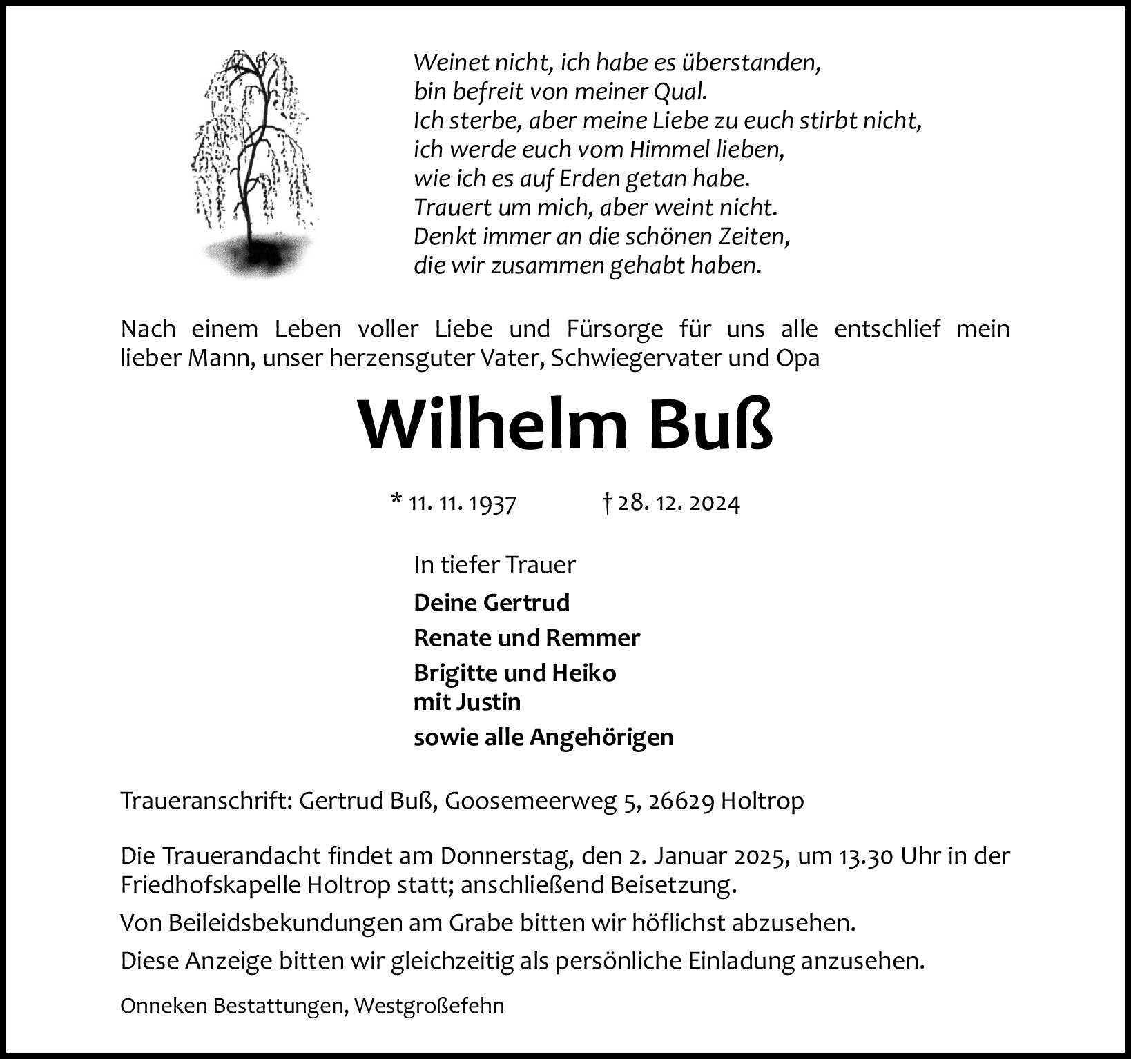 Traueranzeige von Wilhelm Buß