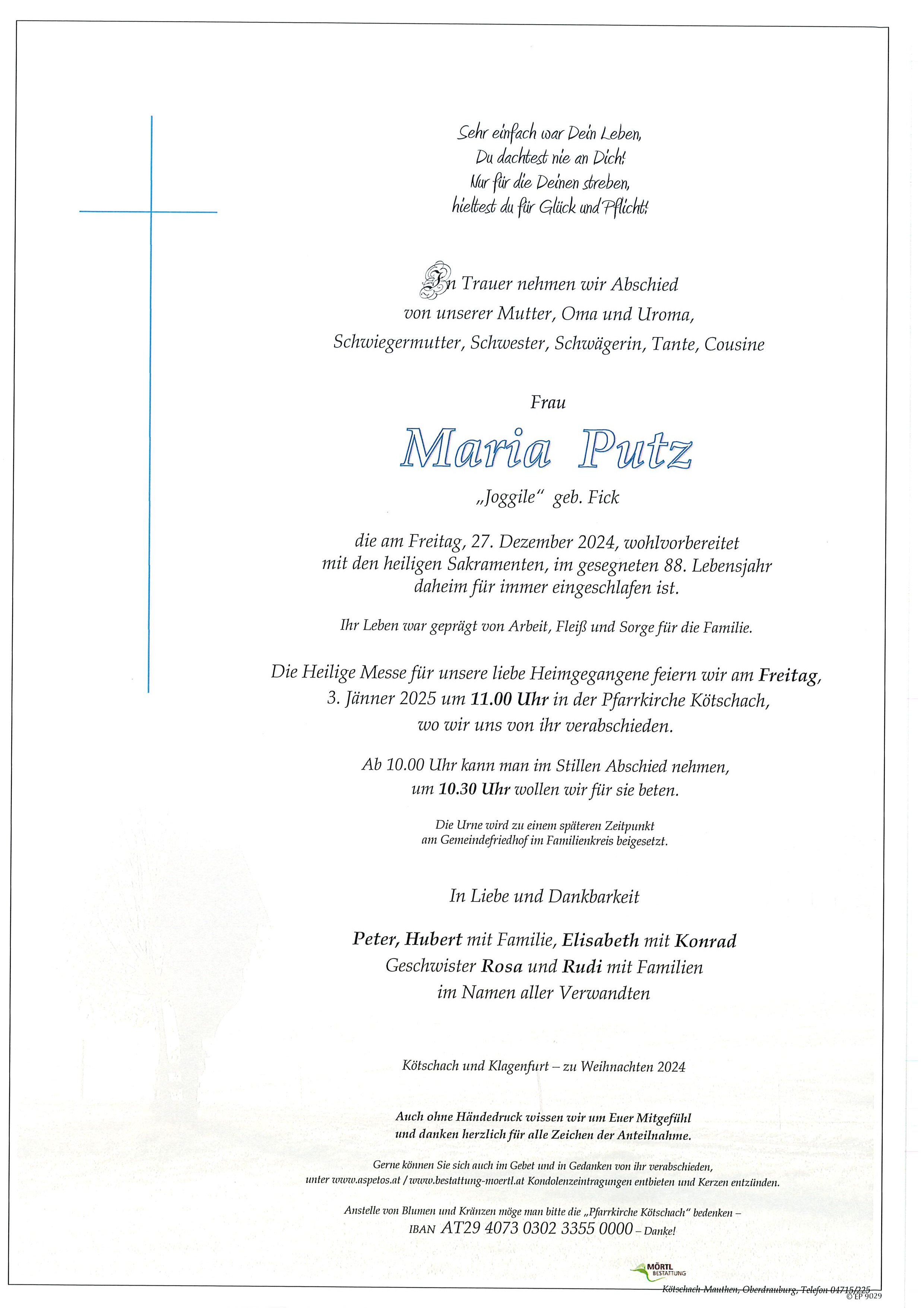 Traueranzeige von Maria Putz