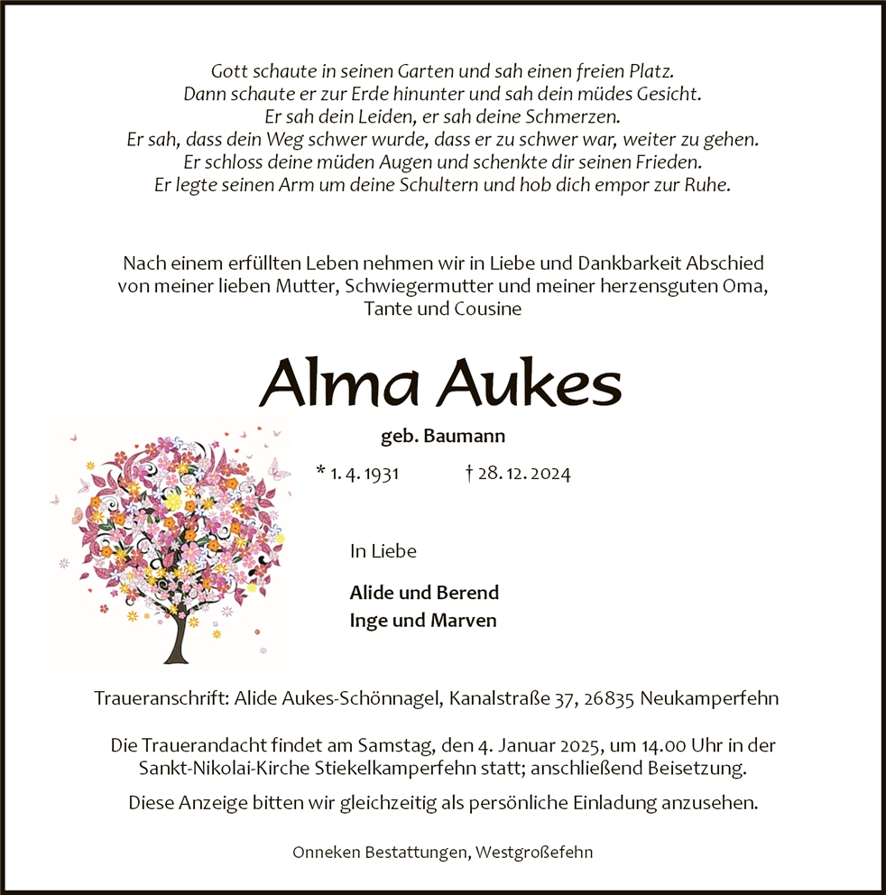 Traueranzeige von Alma Aukes