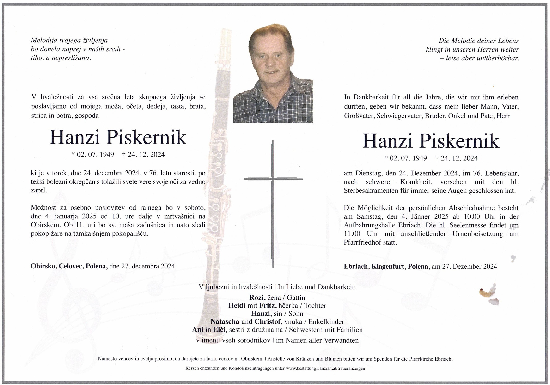 Traueranzeige von Hanzi Piskernik