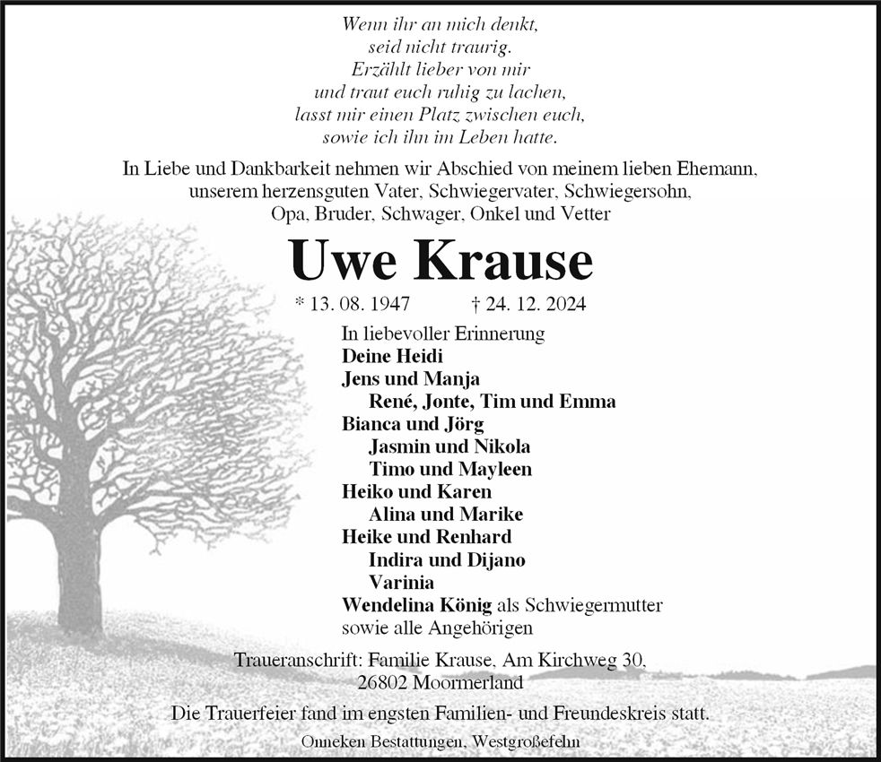 Traueranzeige von Uwe Krause