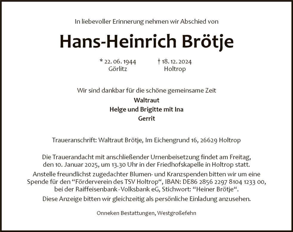 Traueranzeige von Hans-Heinrich Brötje