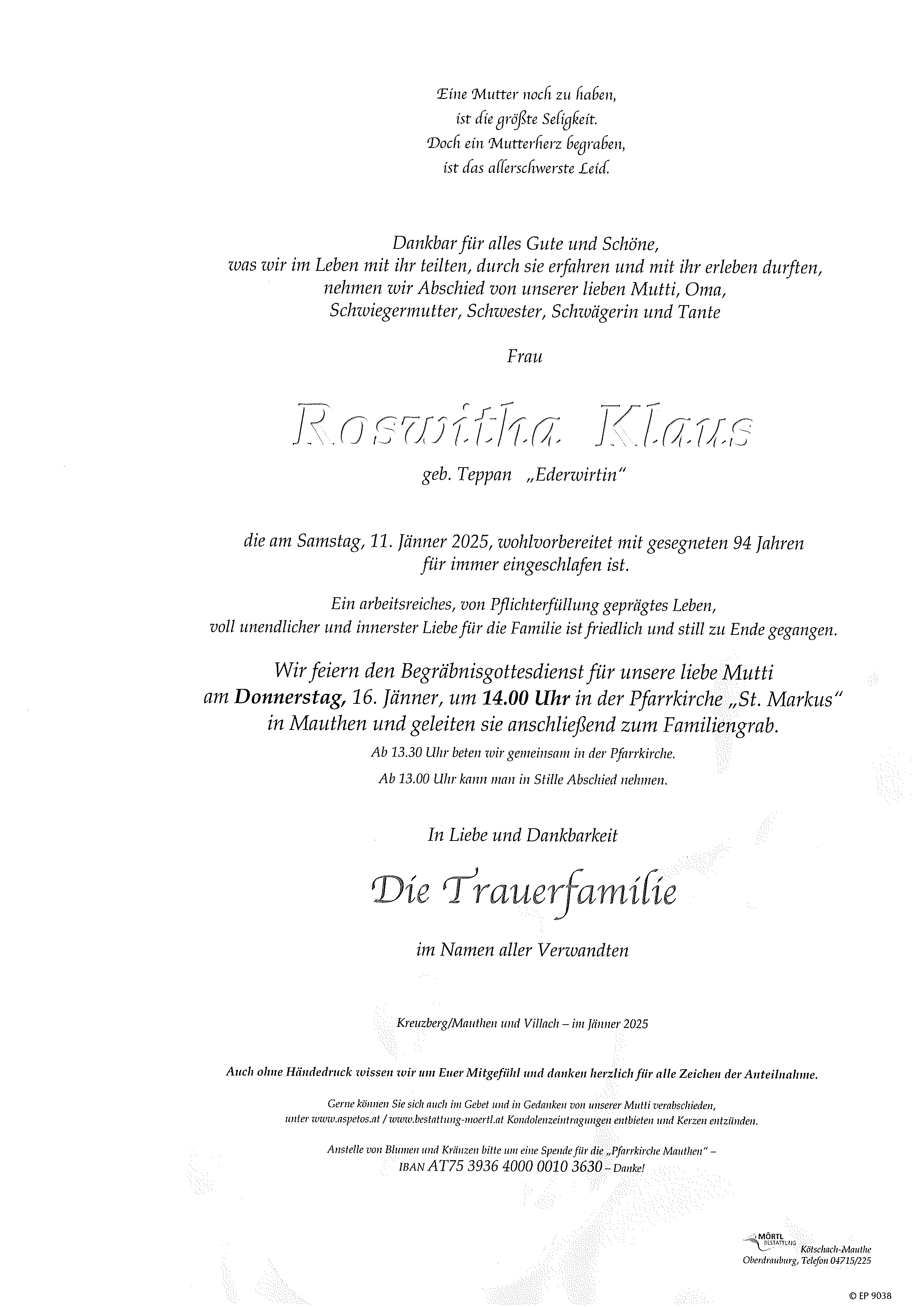 Traueranzeige von Roswitha Klaus