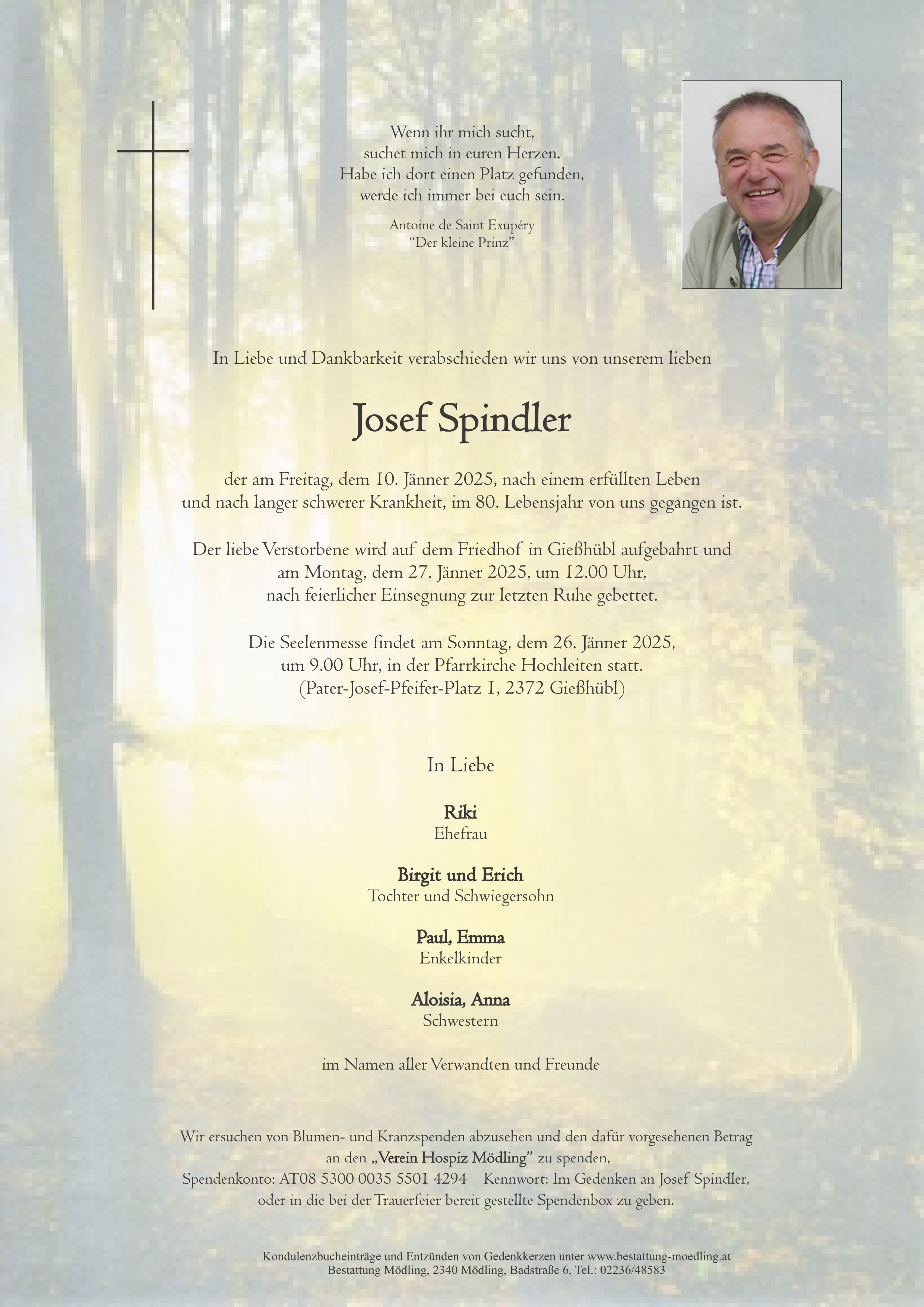 Traueranzeige von Josef Spindler