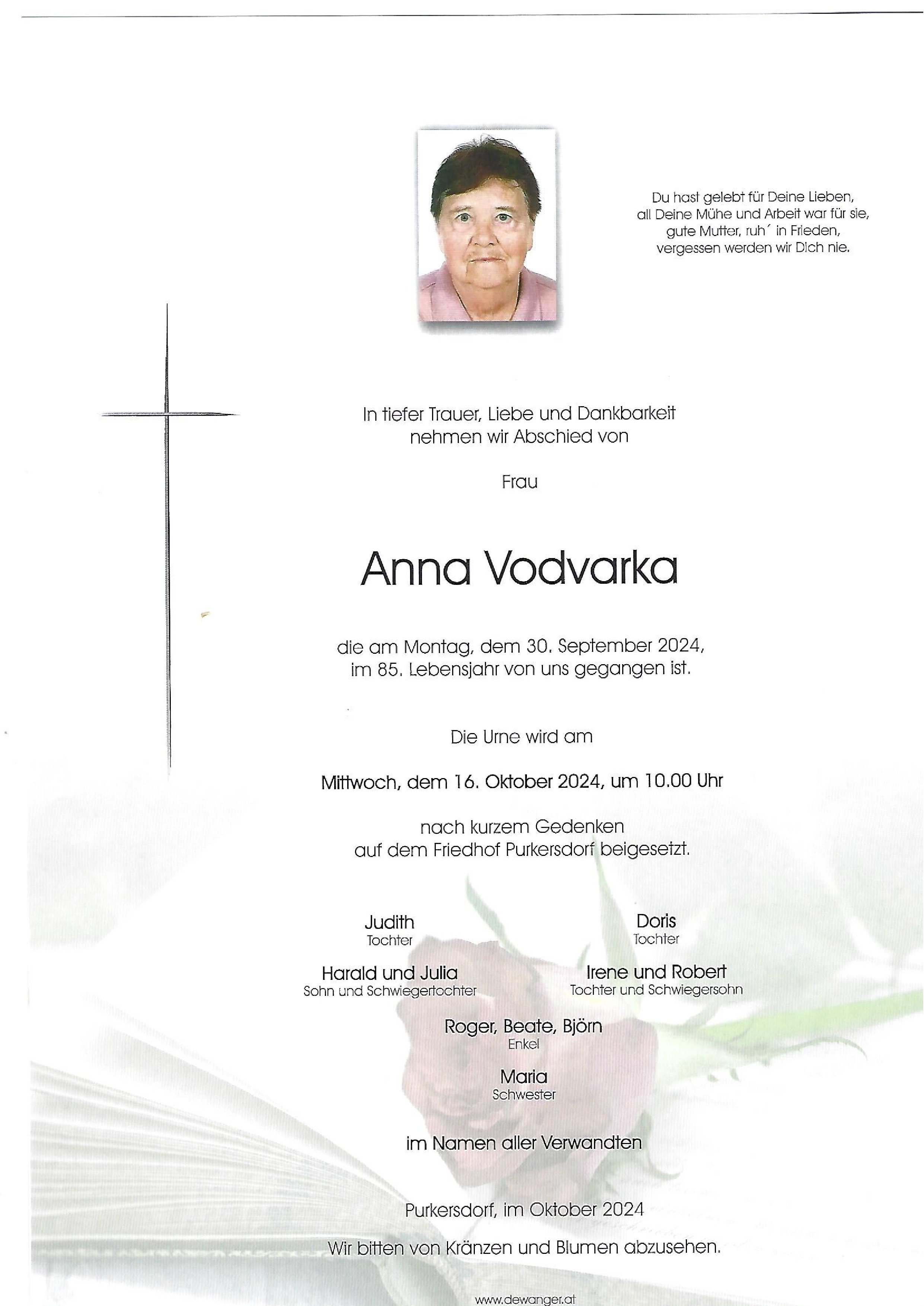 Traueranzeige von Anna Vodvarka