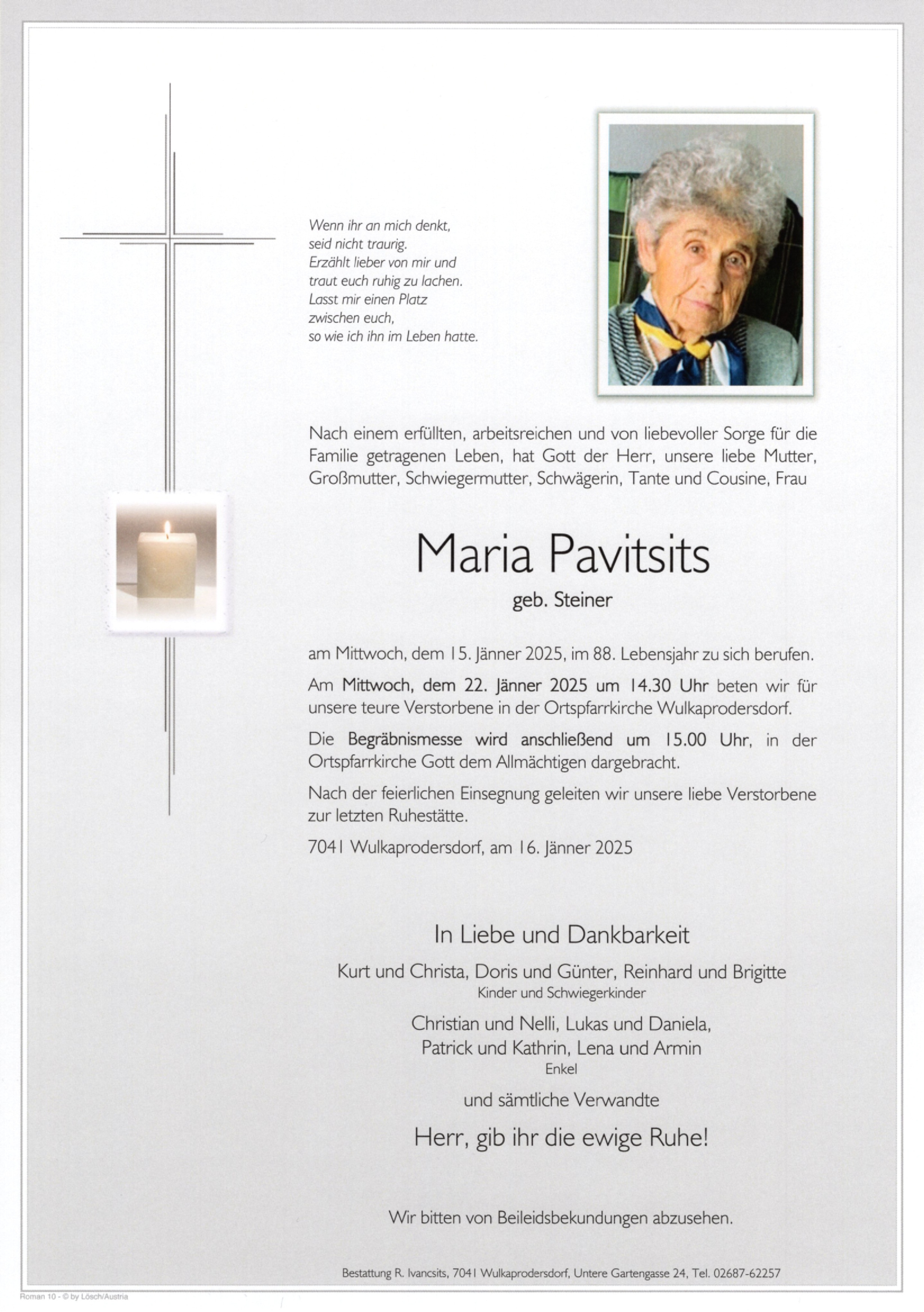Traueranzeige von Maria Pavitsits