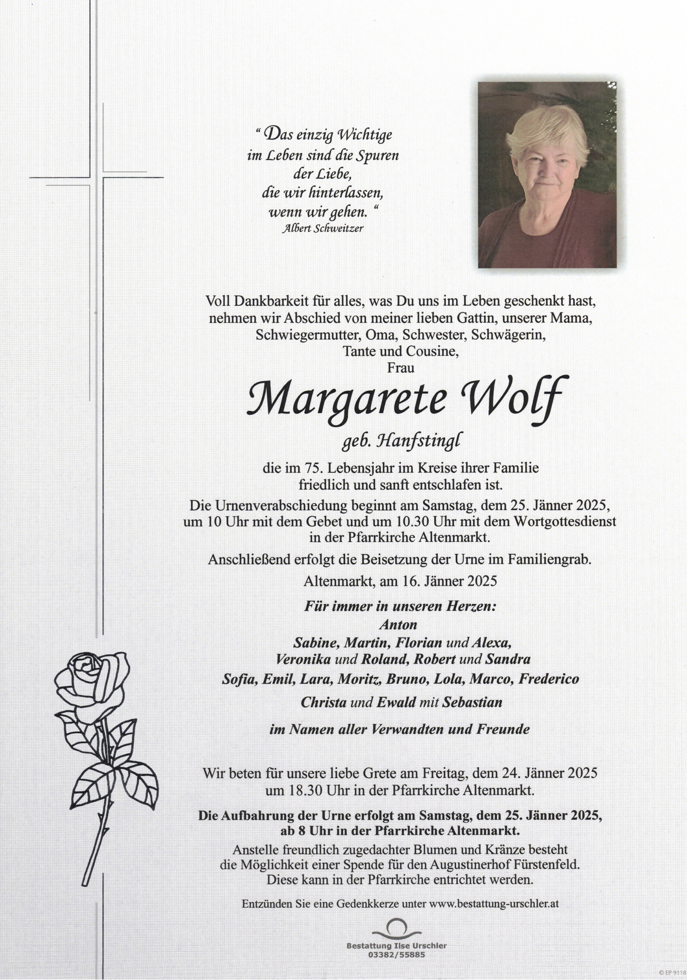 Traueranzeige von Margarete Wolf