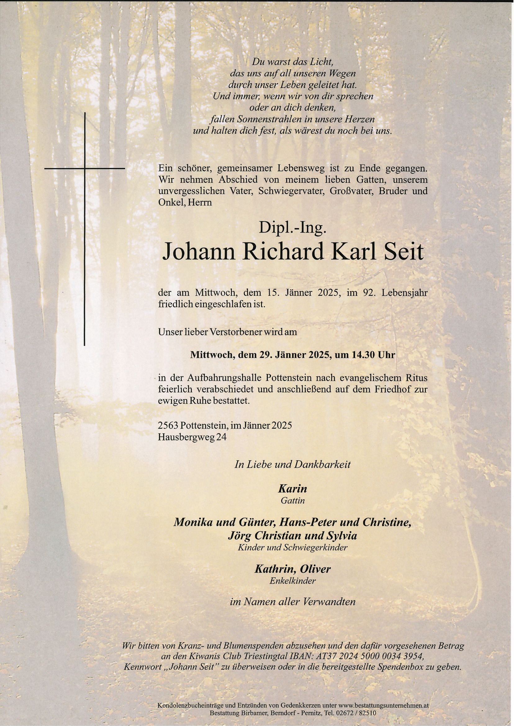 Traueranzeige von Dipl.-Ing. Johann Richard Karl Seit