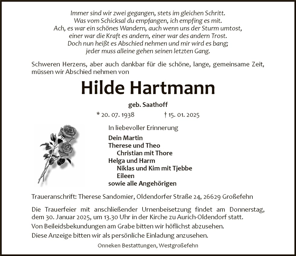 Traueranzeige von Hilde Hartmann