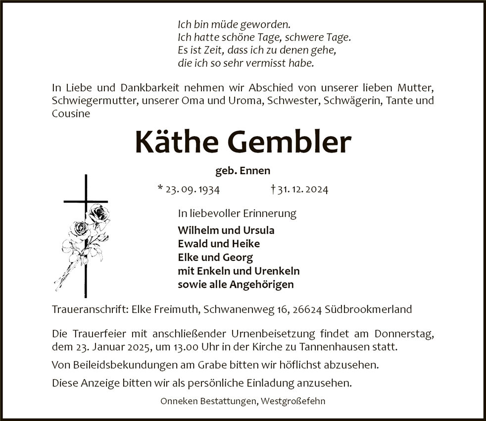 Traueranzeige von Käthe Gembler