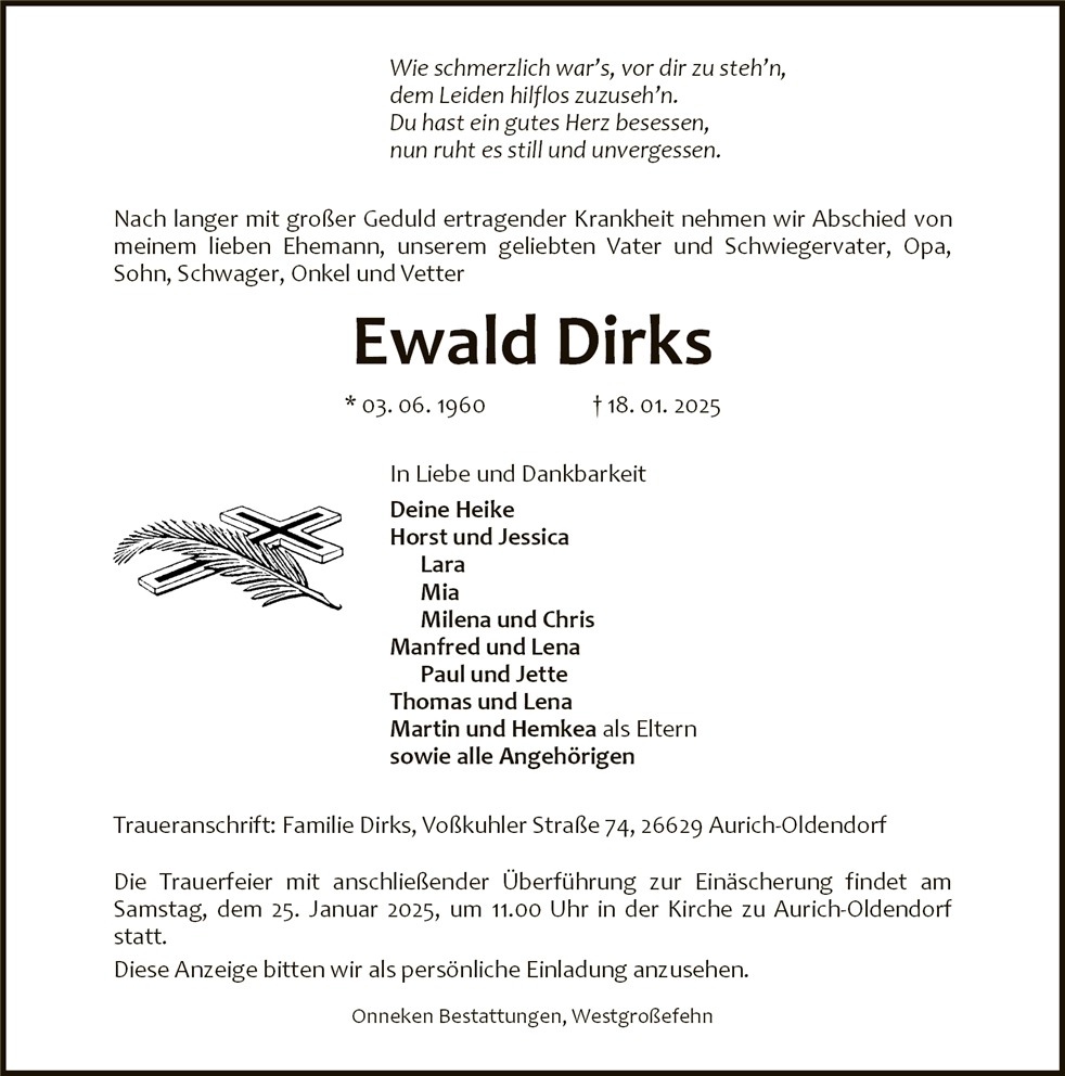 Traueranzeige von Ewald Dirks