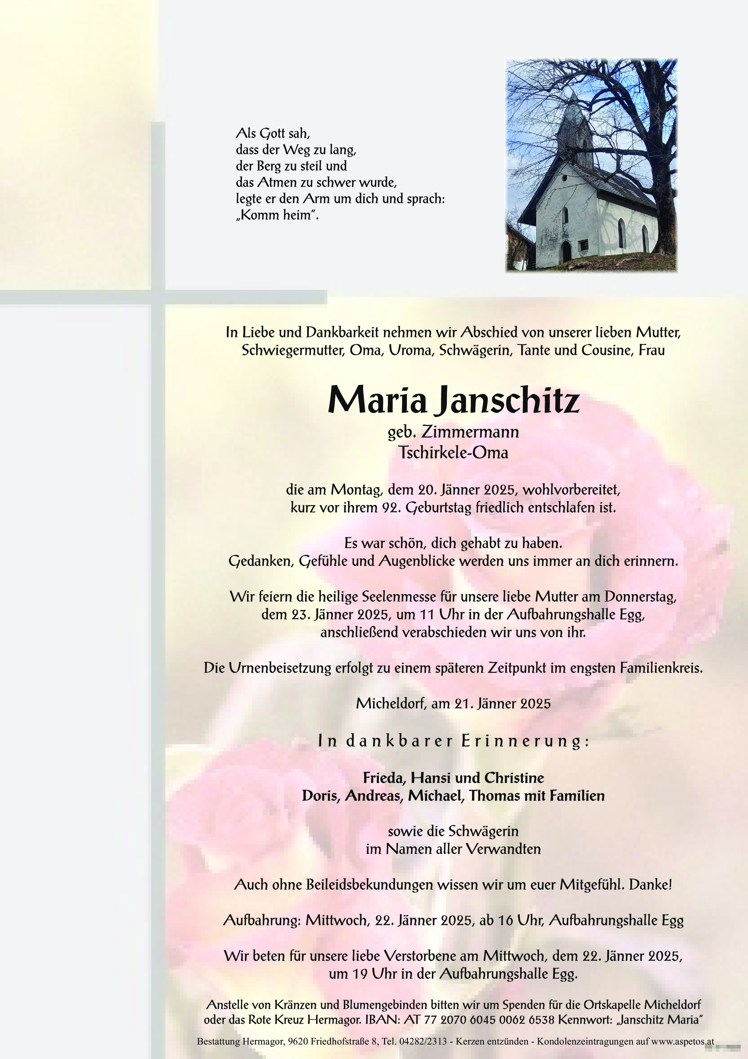 Traueranzeige von Maria Janschitz