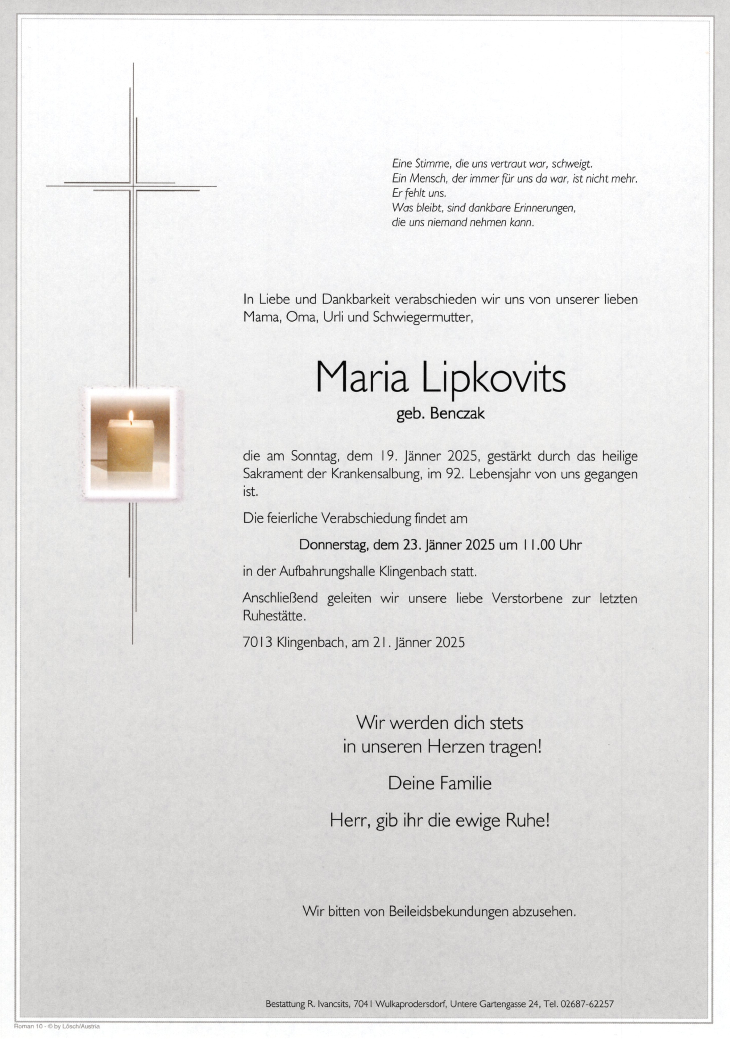 Traueranzeige von Maria Lipkovits