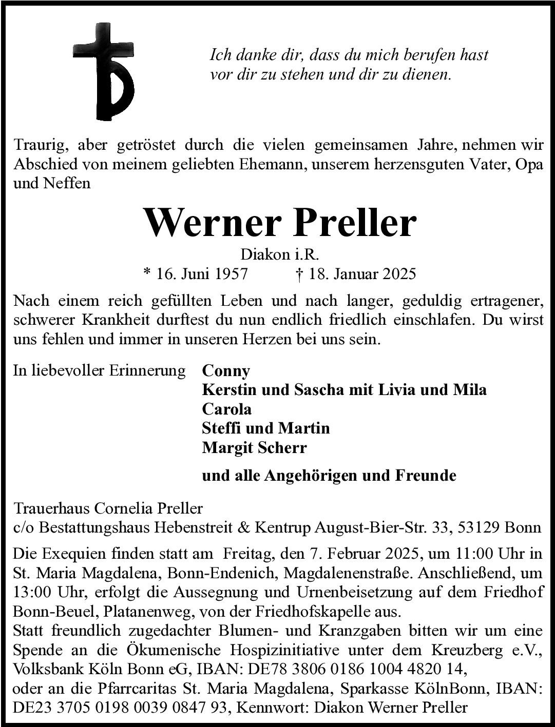 Traueranzeige von Diakon Werner Preller