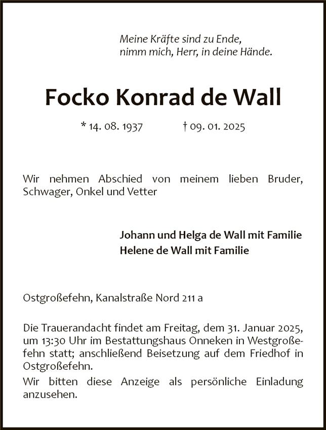 Traueranzeige von Focko de Wall