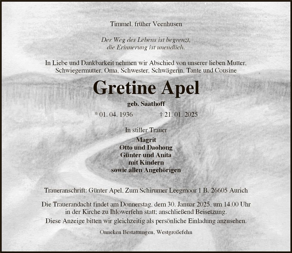Traueranzeige von Gretine Apel