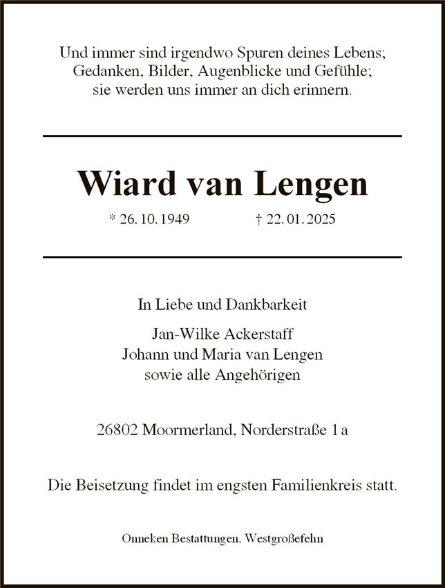 Traueranzeige von Wiard van Lengen