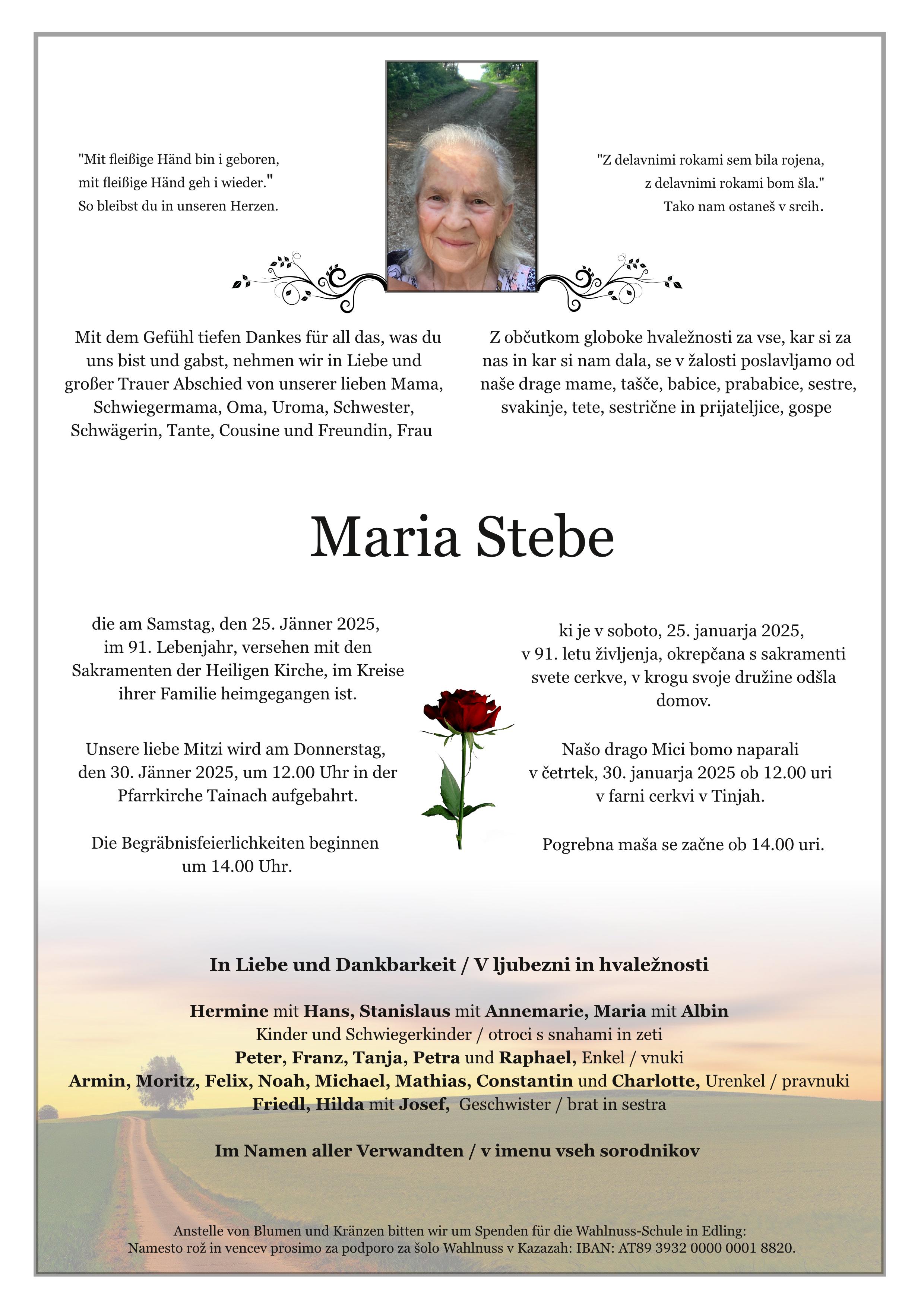 Traueranzeige von Maria Stebe