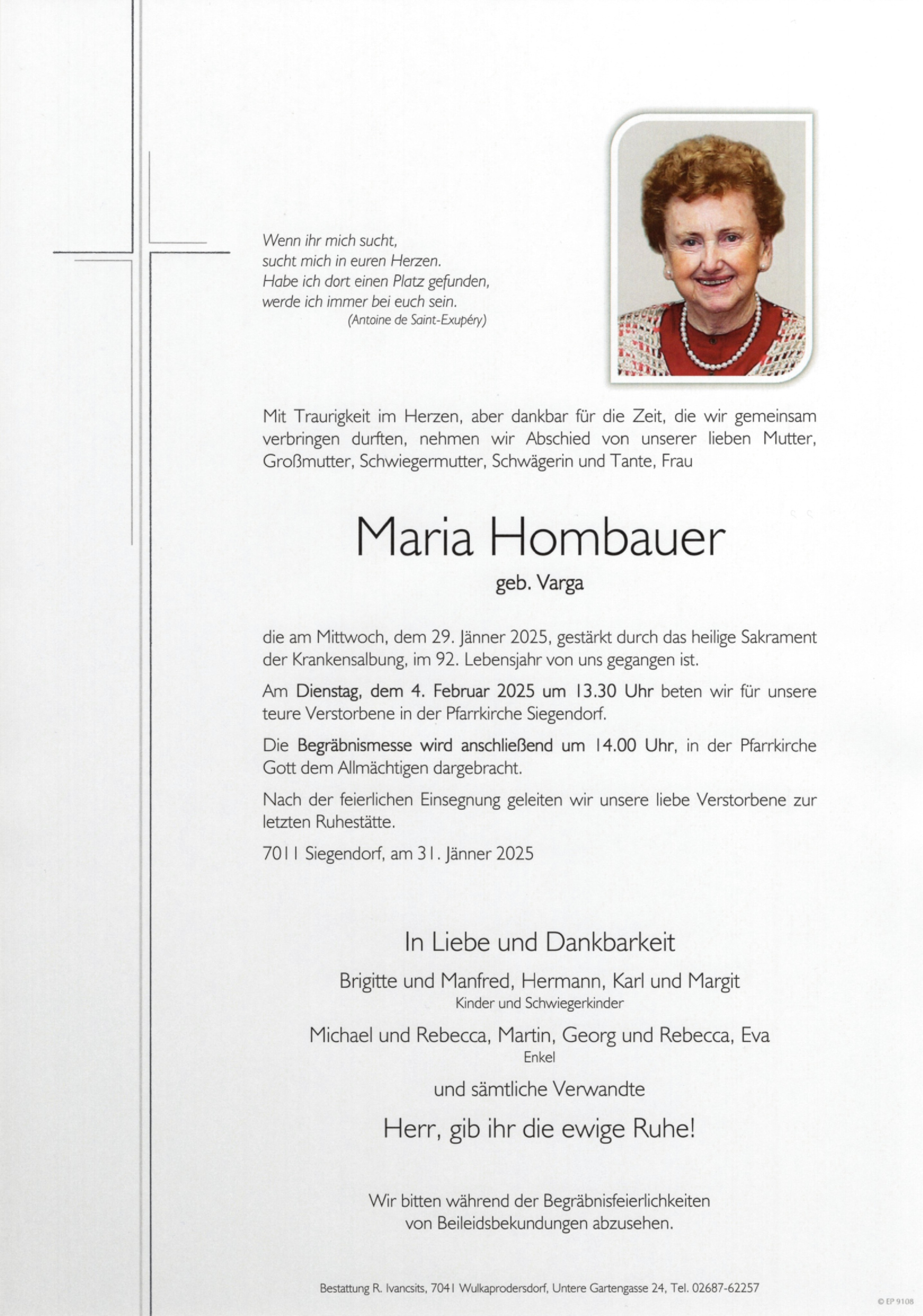 Traueranzeige von Maria Hombauer