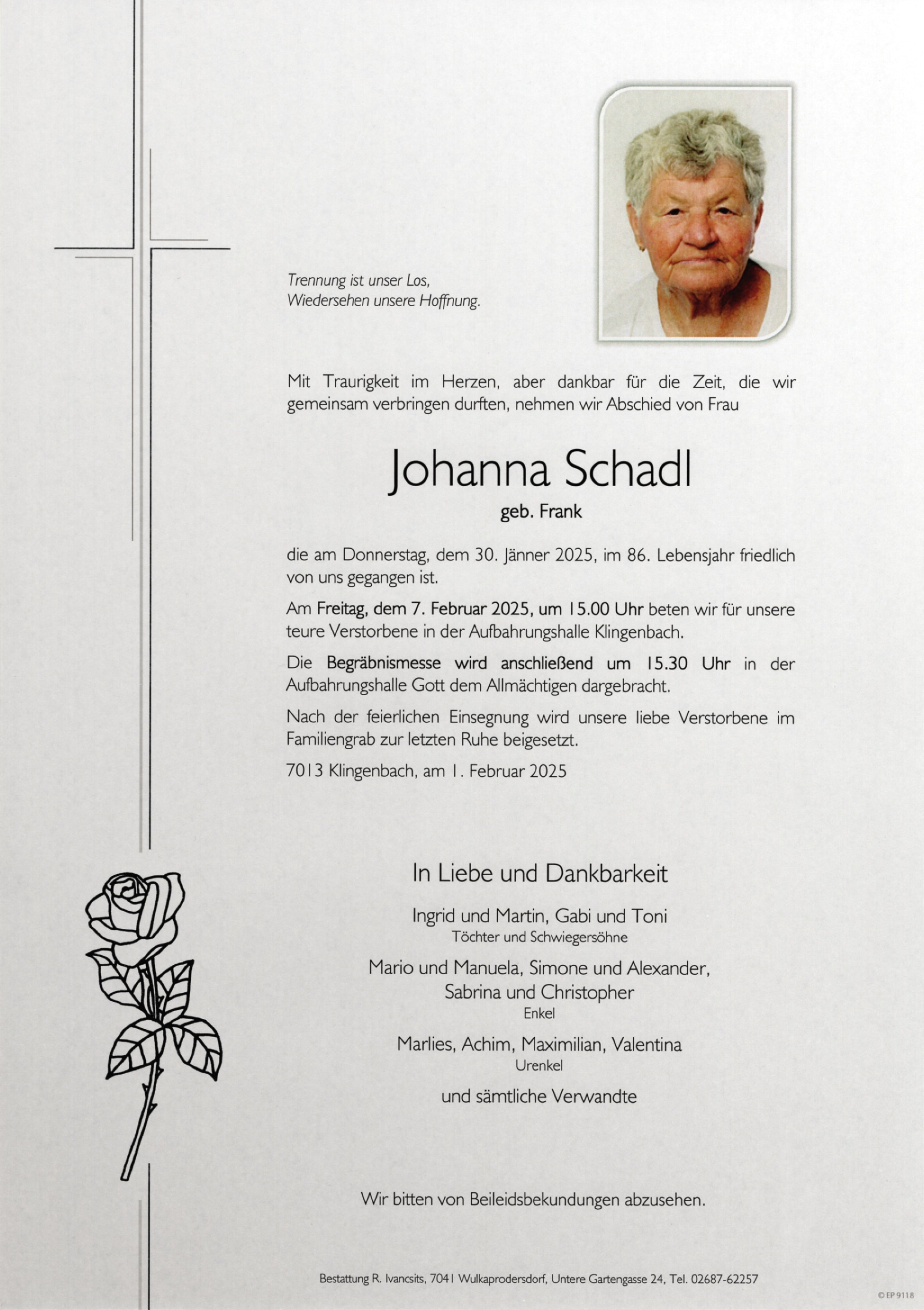 Traueranzeige von Johanna Schadl