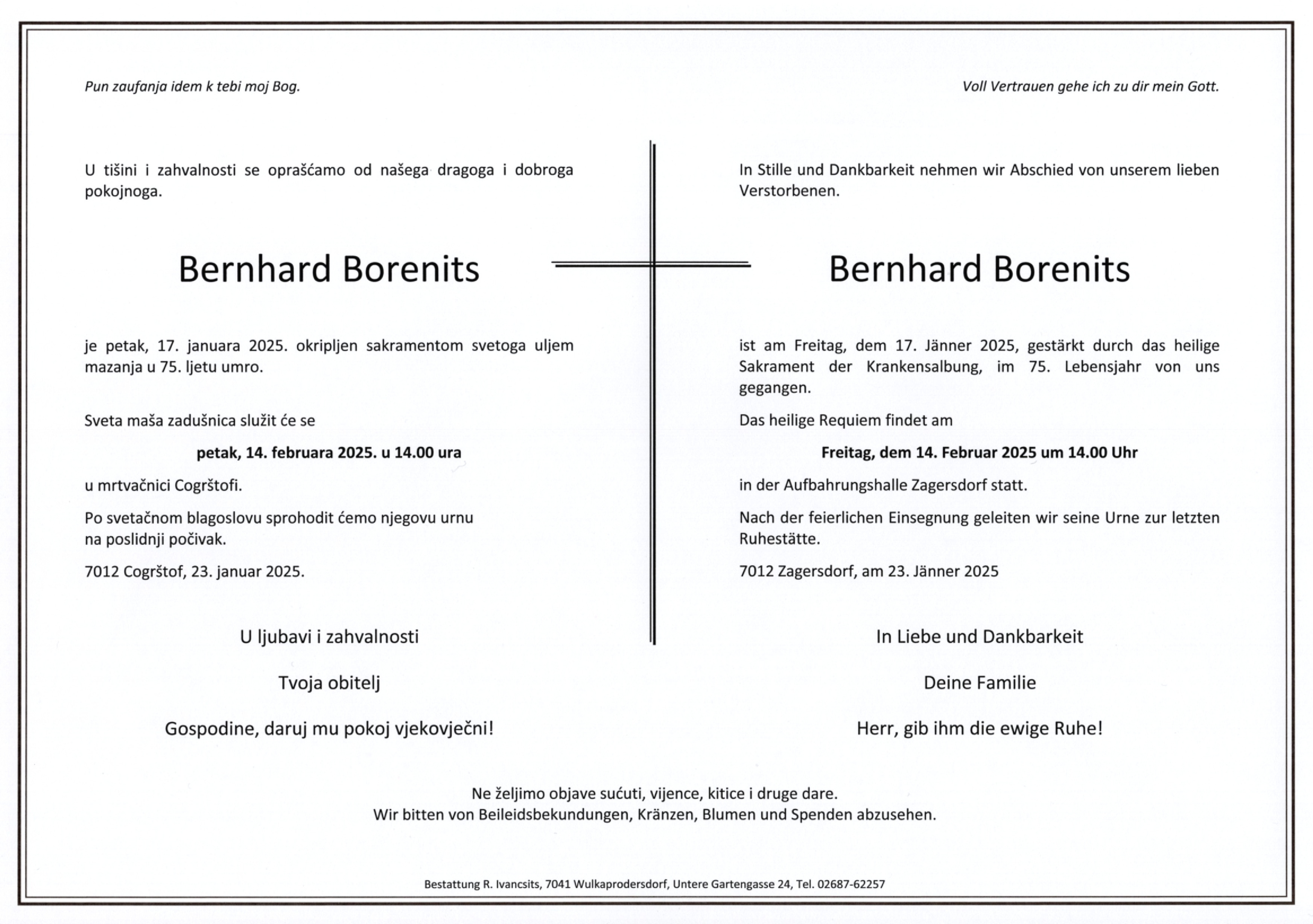 Traueranzeige von Bernhard Borenits