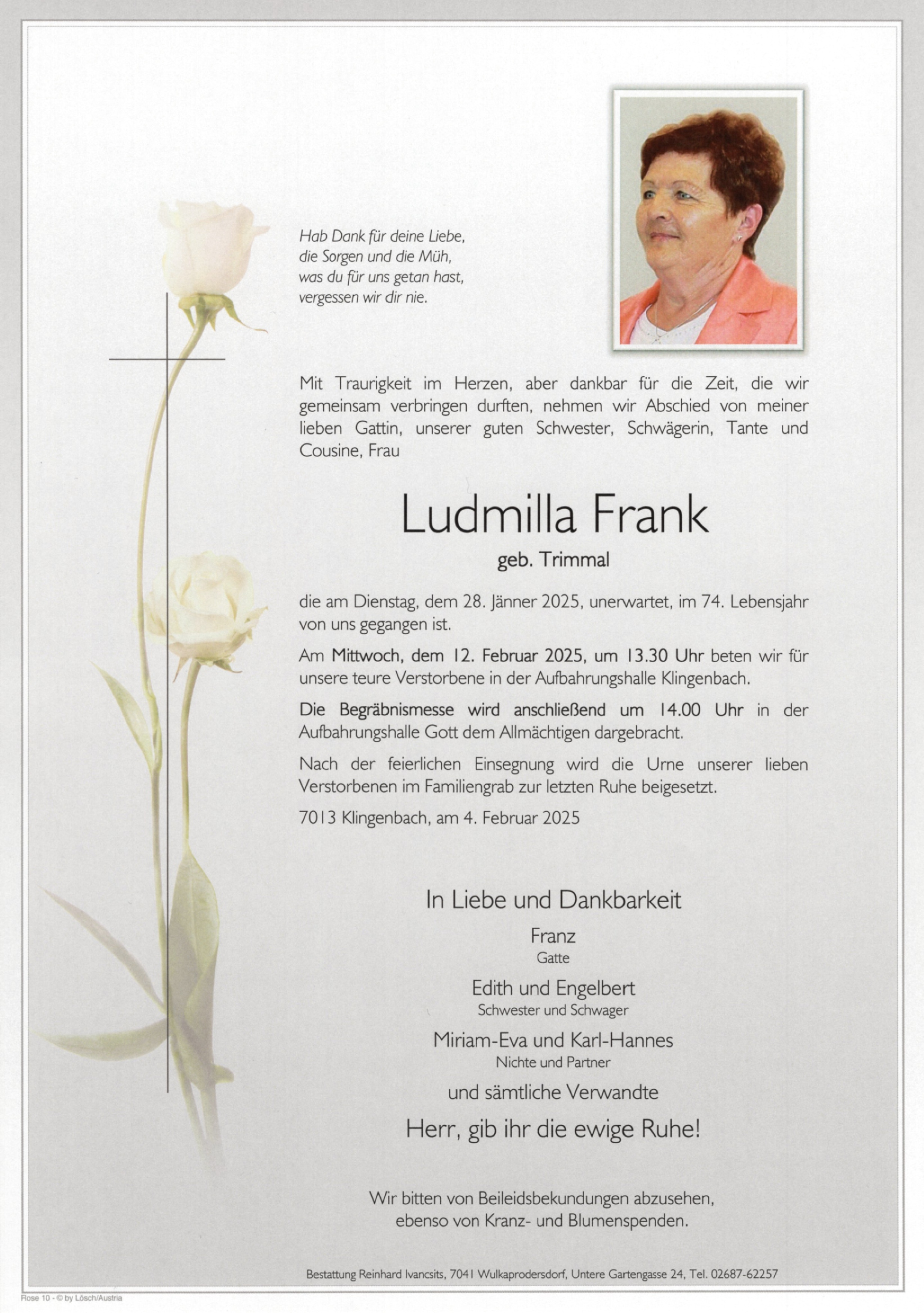 Traueranzeige von Ludmilla Frank