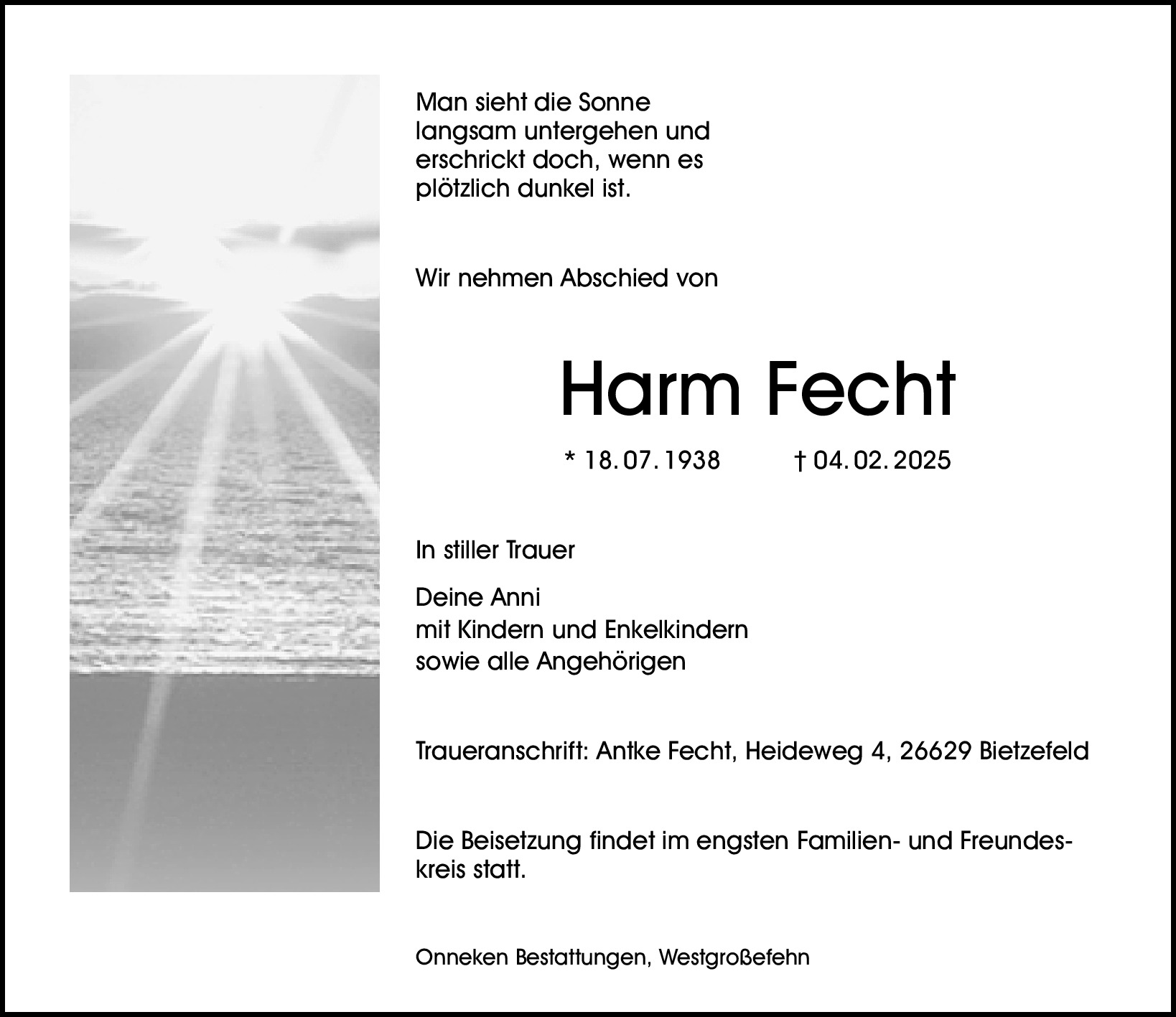 Traueranzeige von Harm Fecht