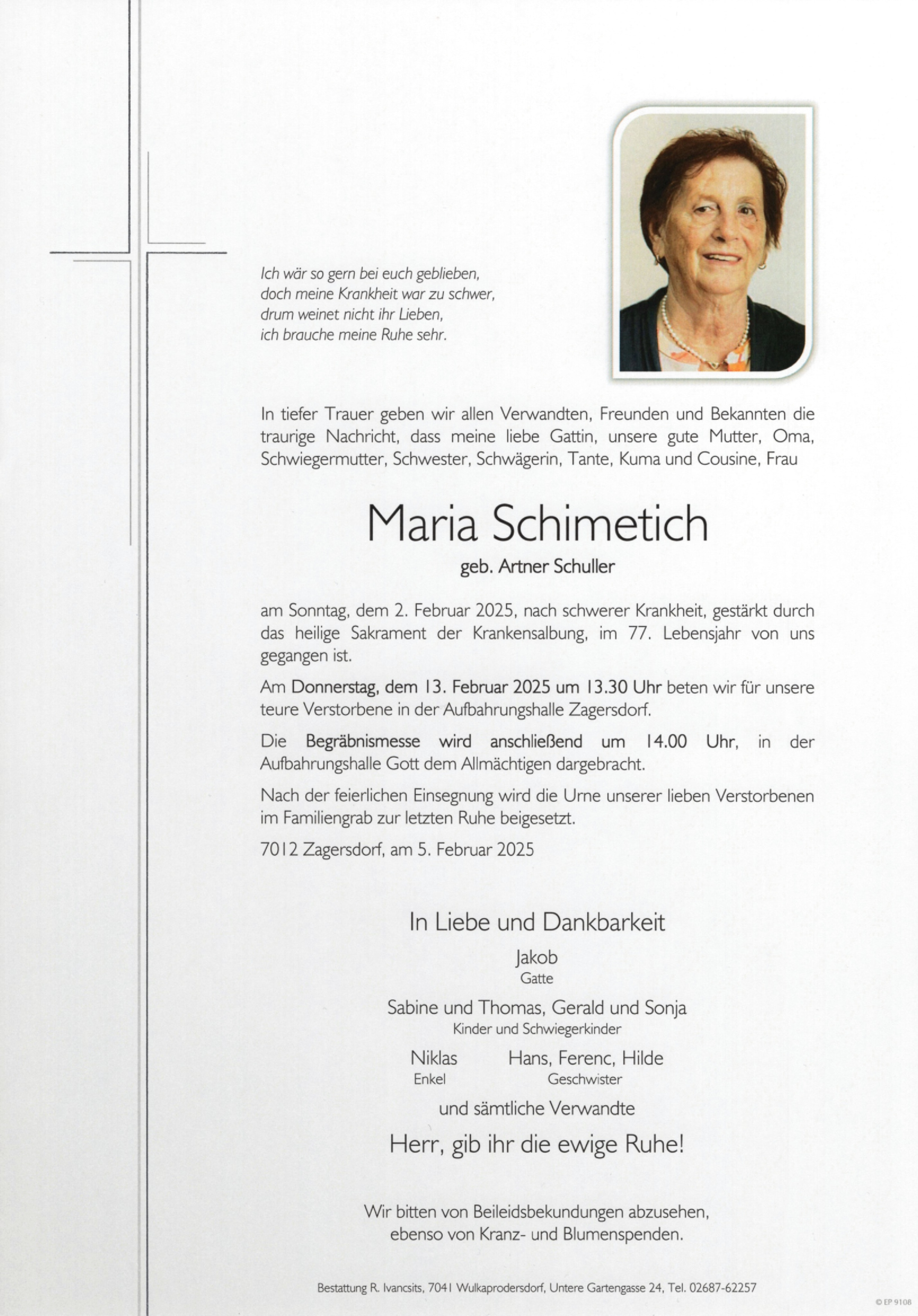 Traueranzeige von Maria Schimetich