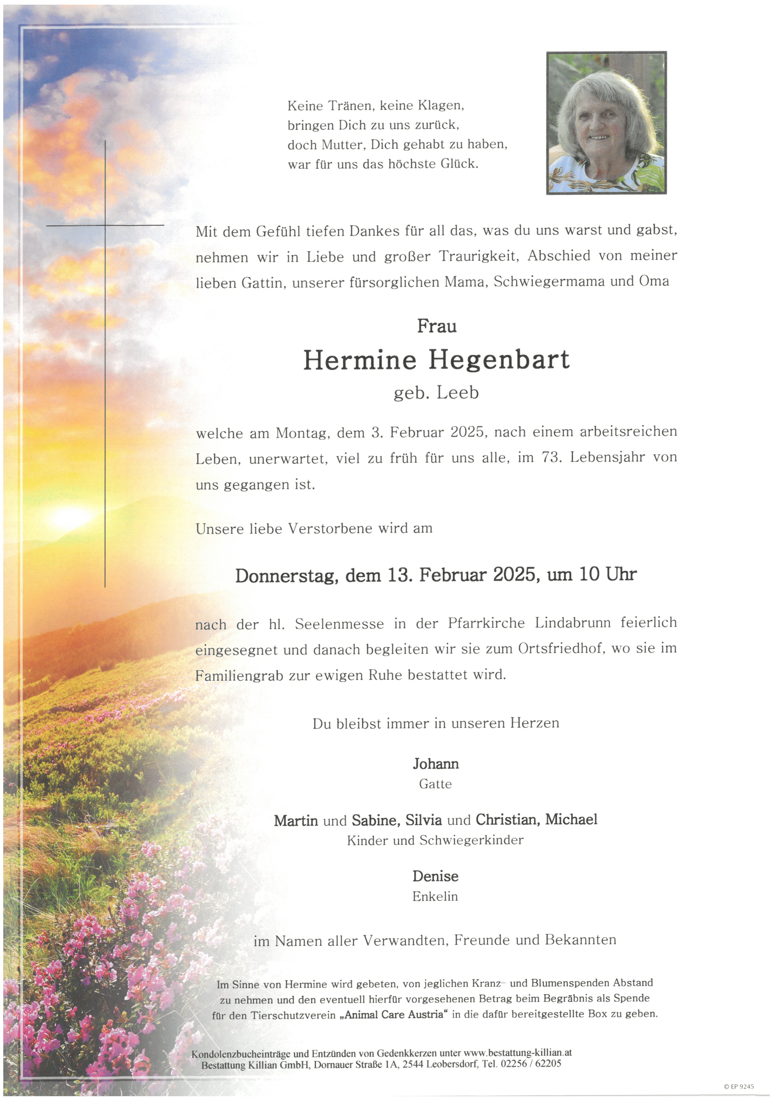 Traueranzeige von Hermine Hegenbart