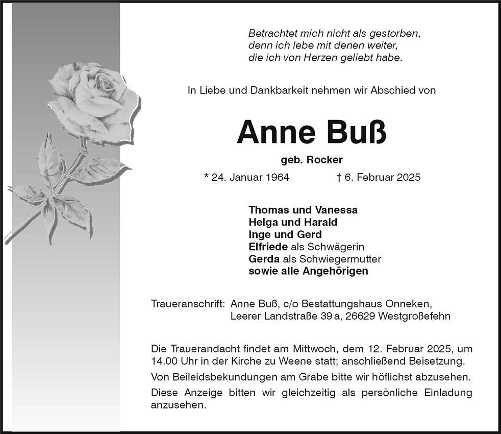 Traueranzeige von Anne Buß