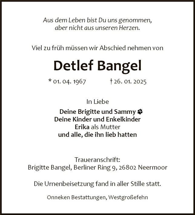Traueranzeige von Detlef Bangel