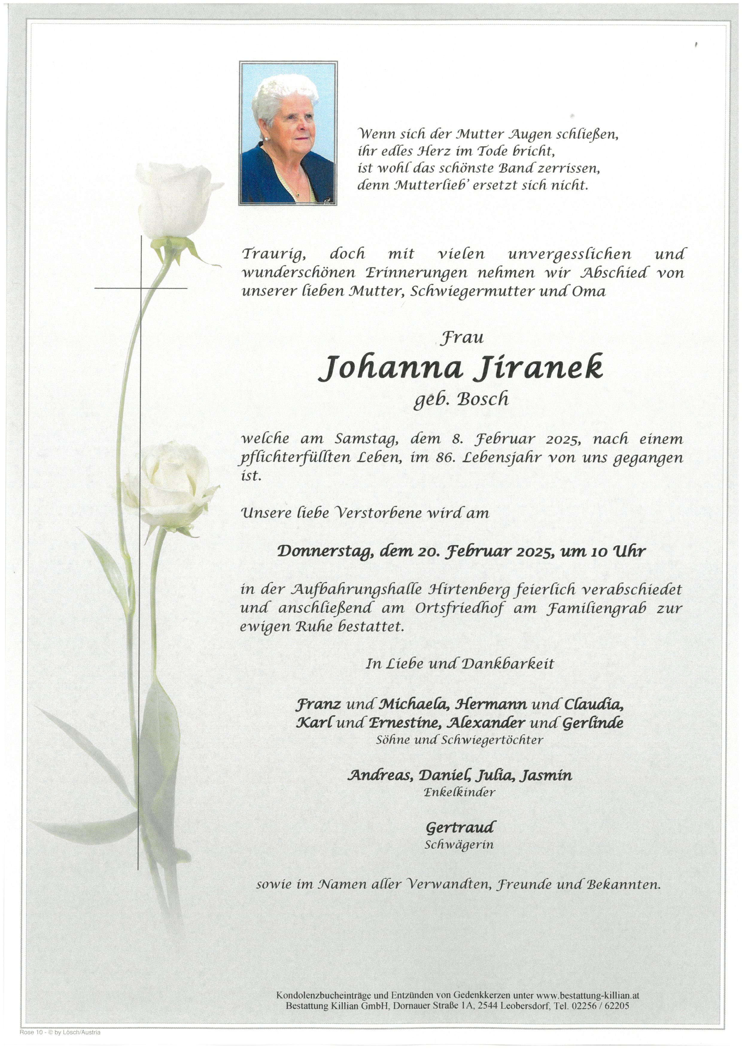 Traueranzeige von Johanna Jiranek