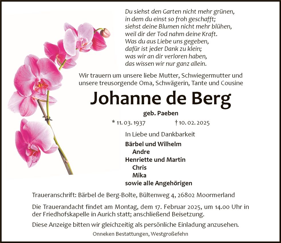 Traueranzeige von Johanne de Berg