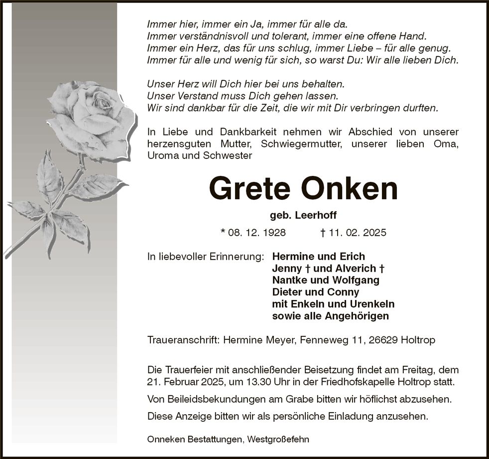 Traueranzeige von Grete Onken