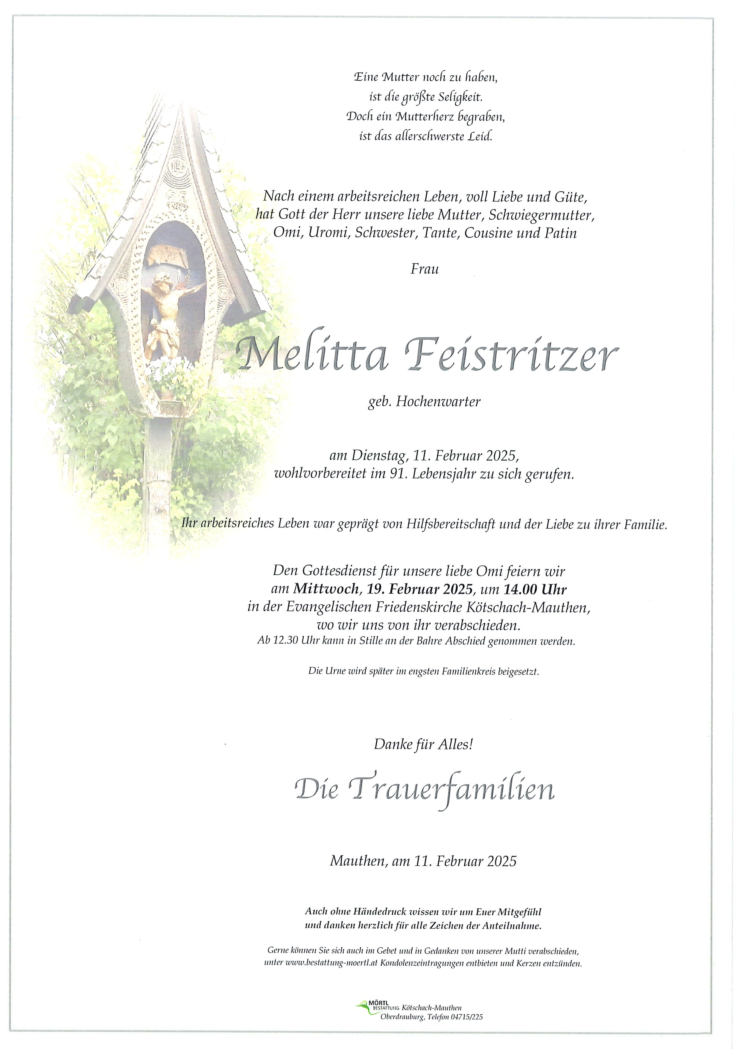 Traueranzeige von Melitta Feistritzer