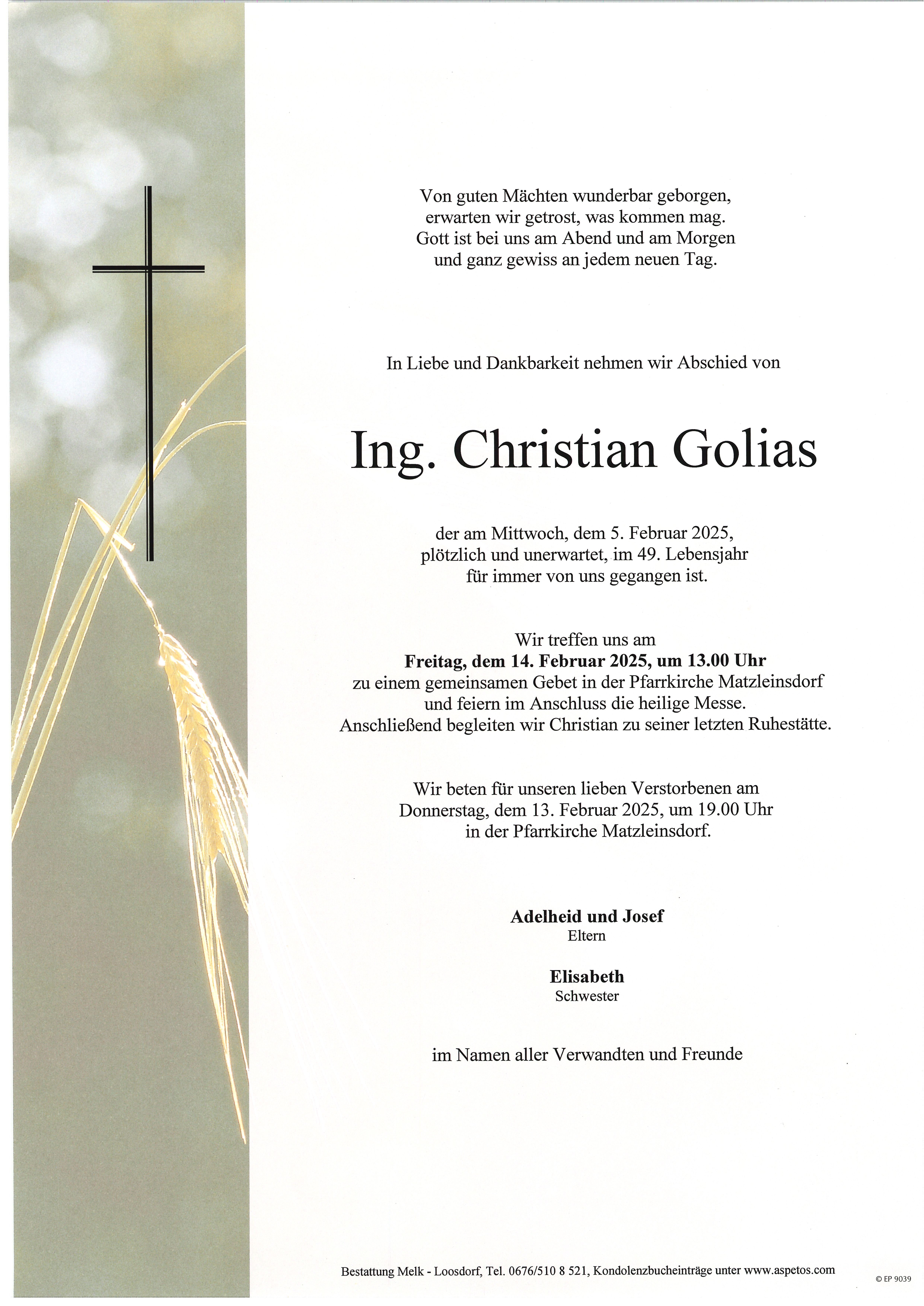 Traueranzeige von Ing. Christian Golias