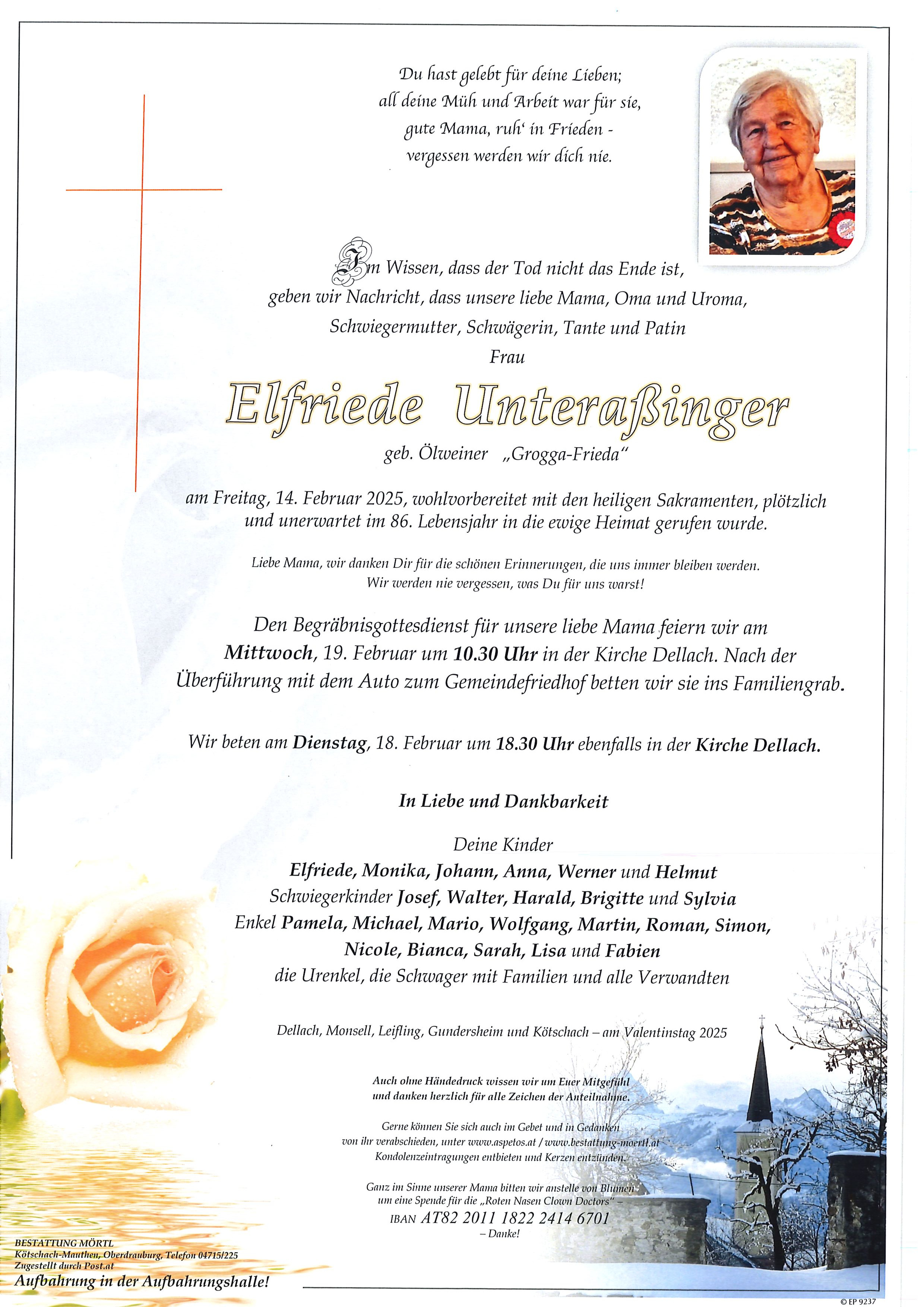 Traueranzeige von Elfriede Unteraßinger