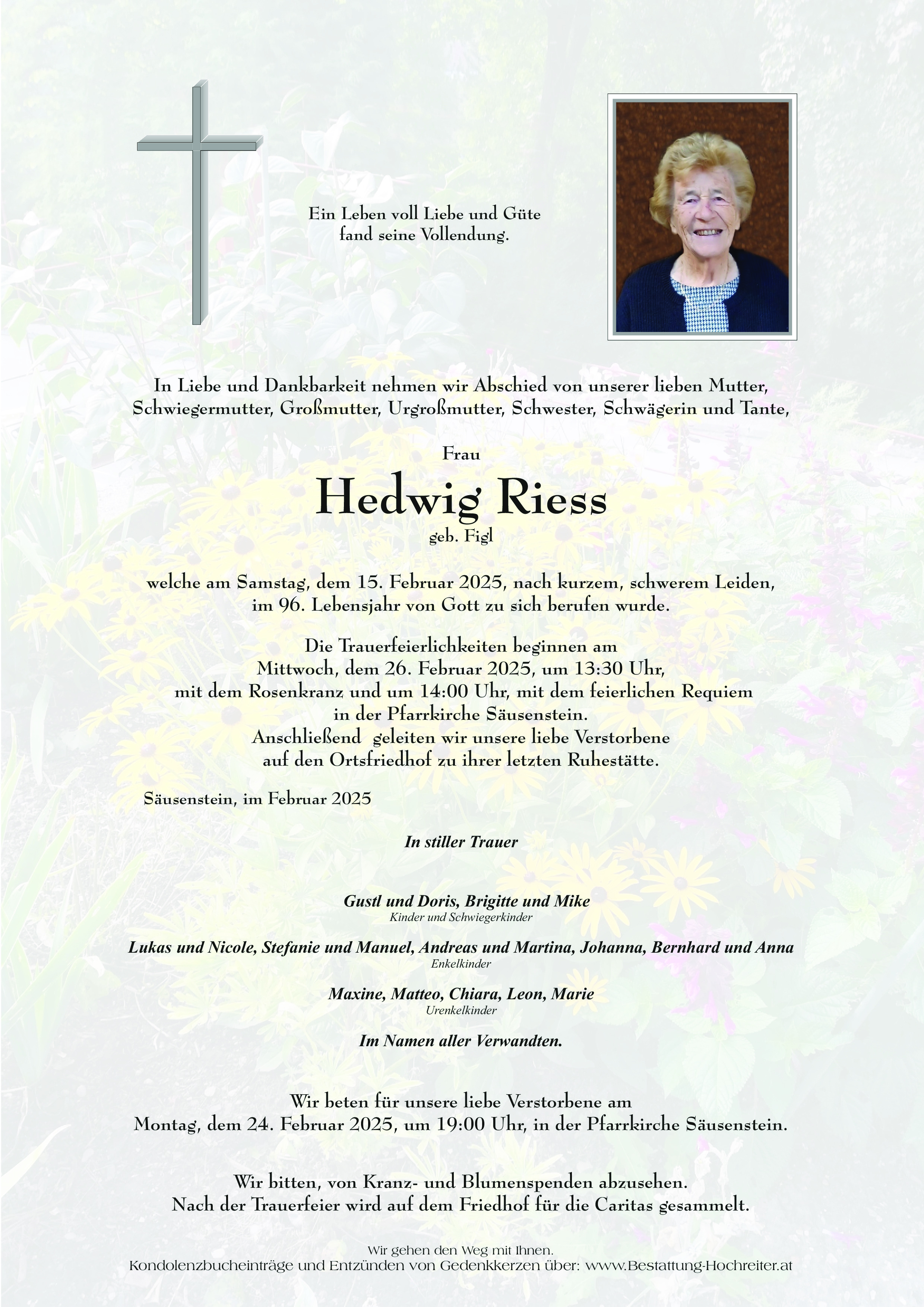 Traueranzeige von Hedwig Riess