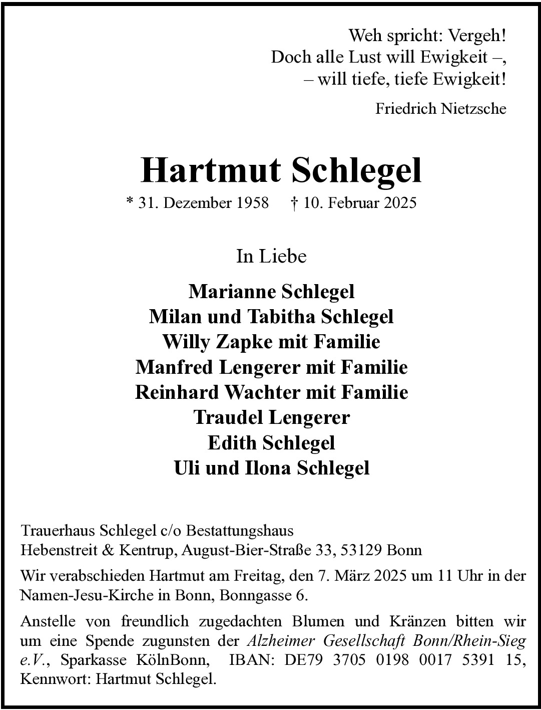 Traueranzeige von Hartmut Schlegel
