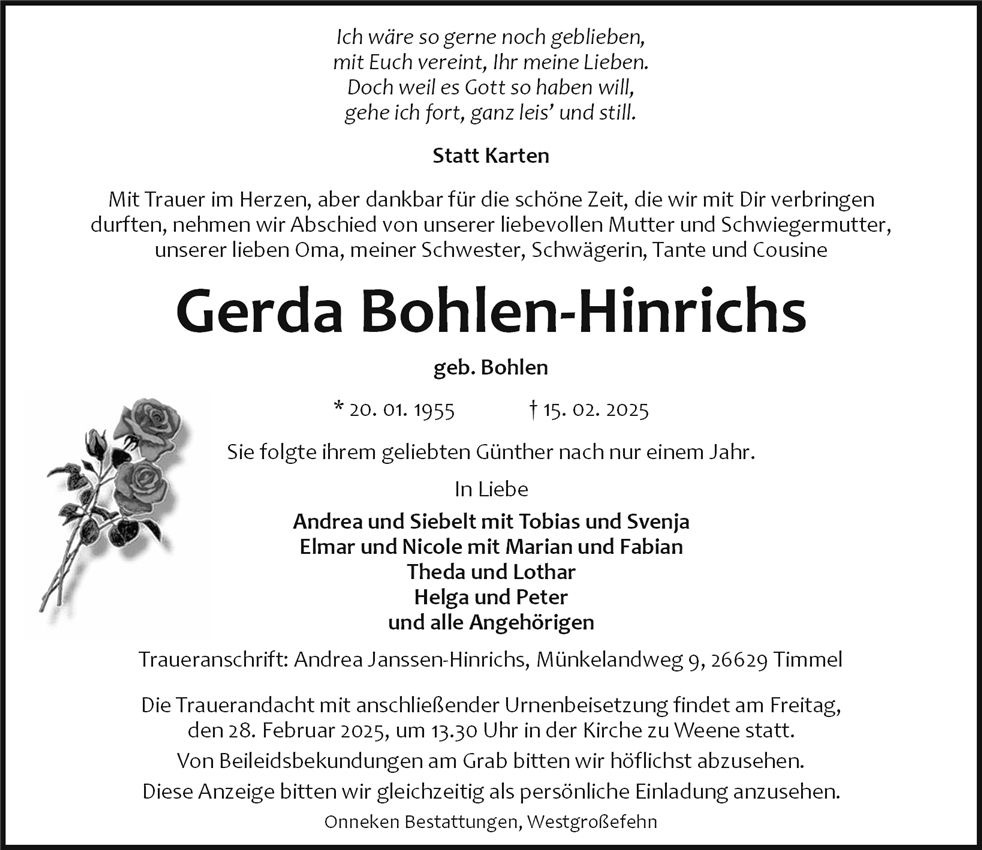 Traueranzeige von Gerda Bohlen-Hinrichs