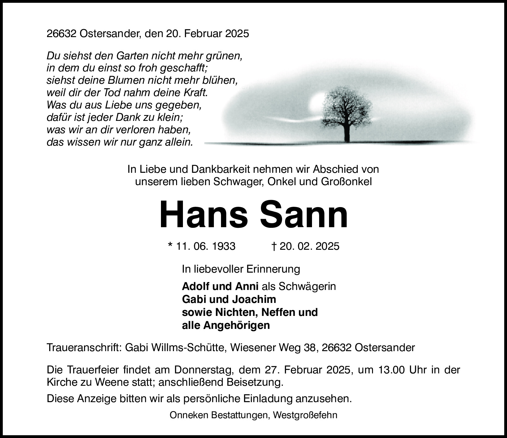 Traueranzeige von Hans Sann