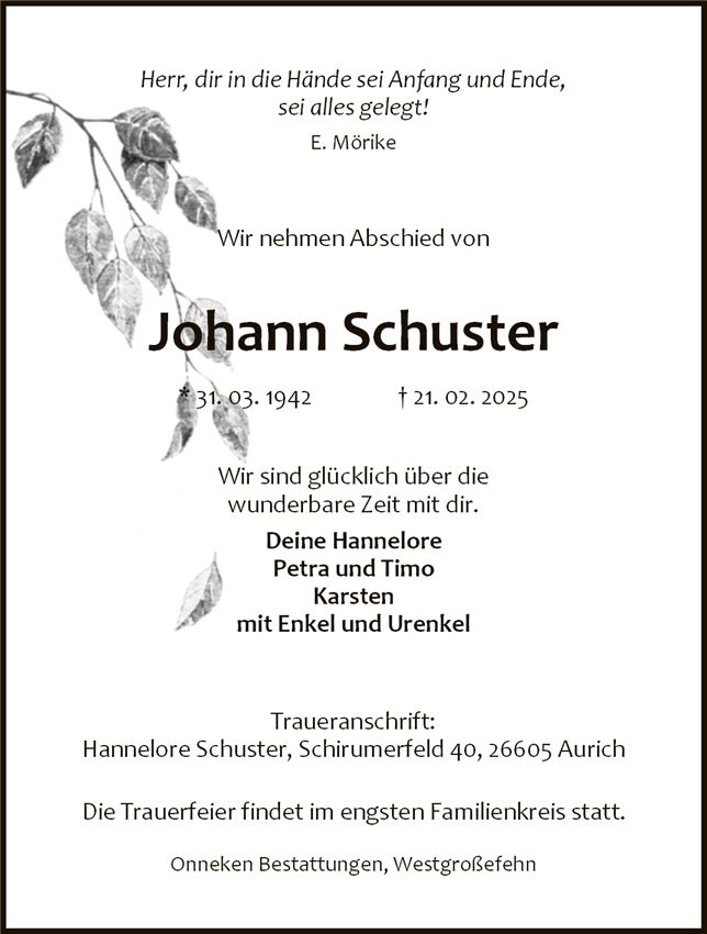 Traueranzeige von Johann Schuster
