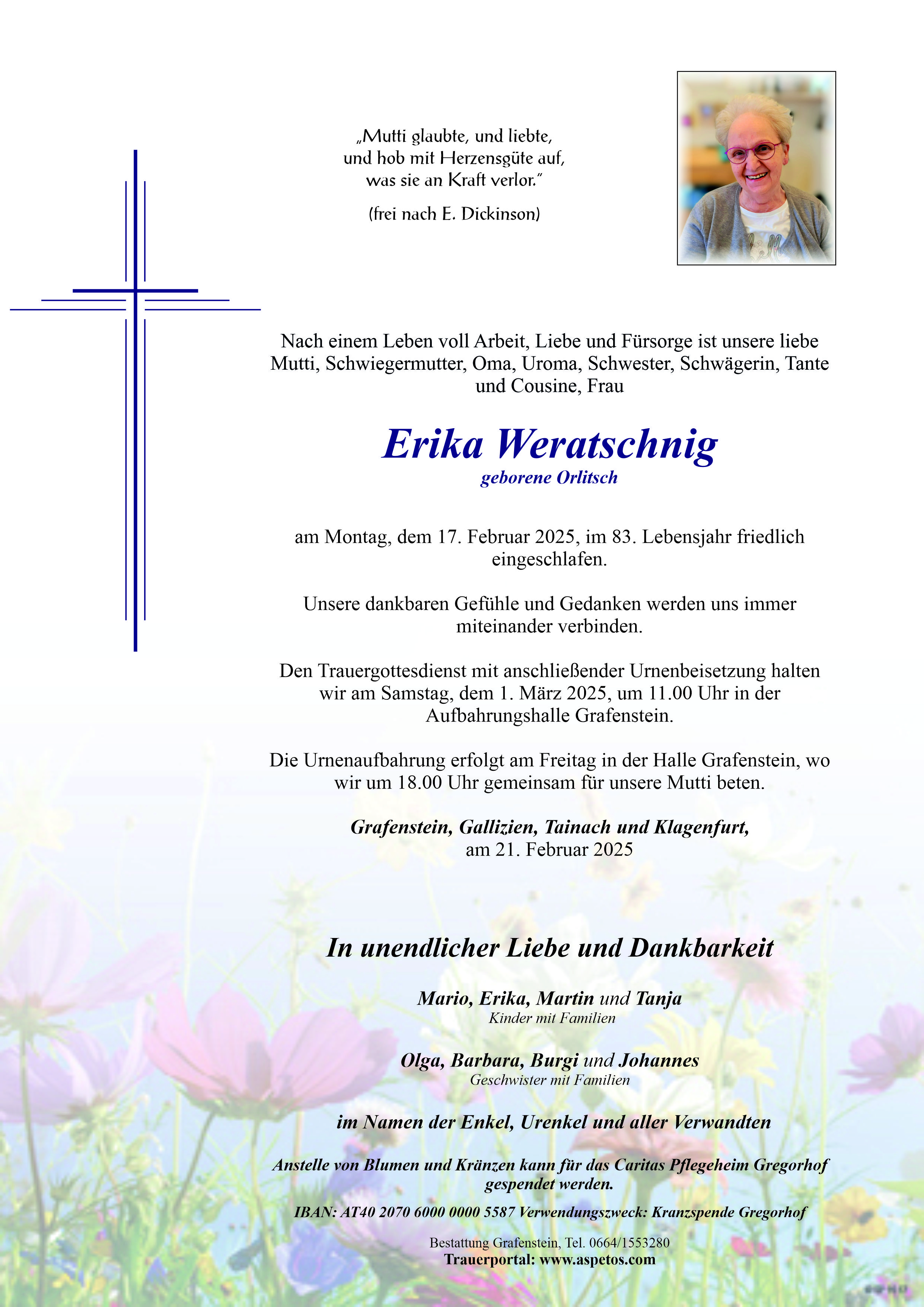 Traueranzeige von Erika Weratschnig