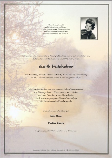 Traueranzeige von Edith Putzhuber