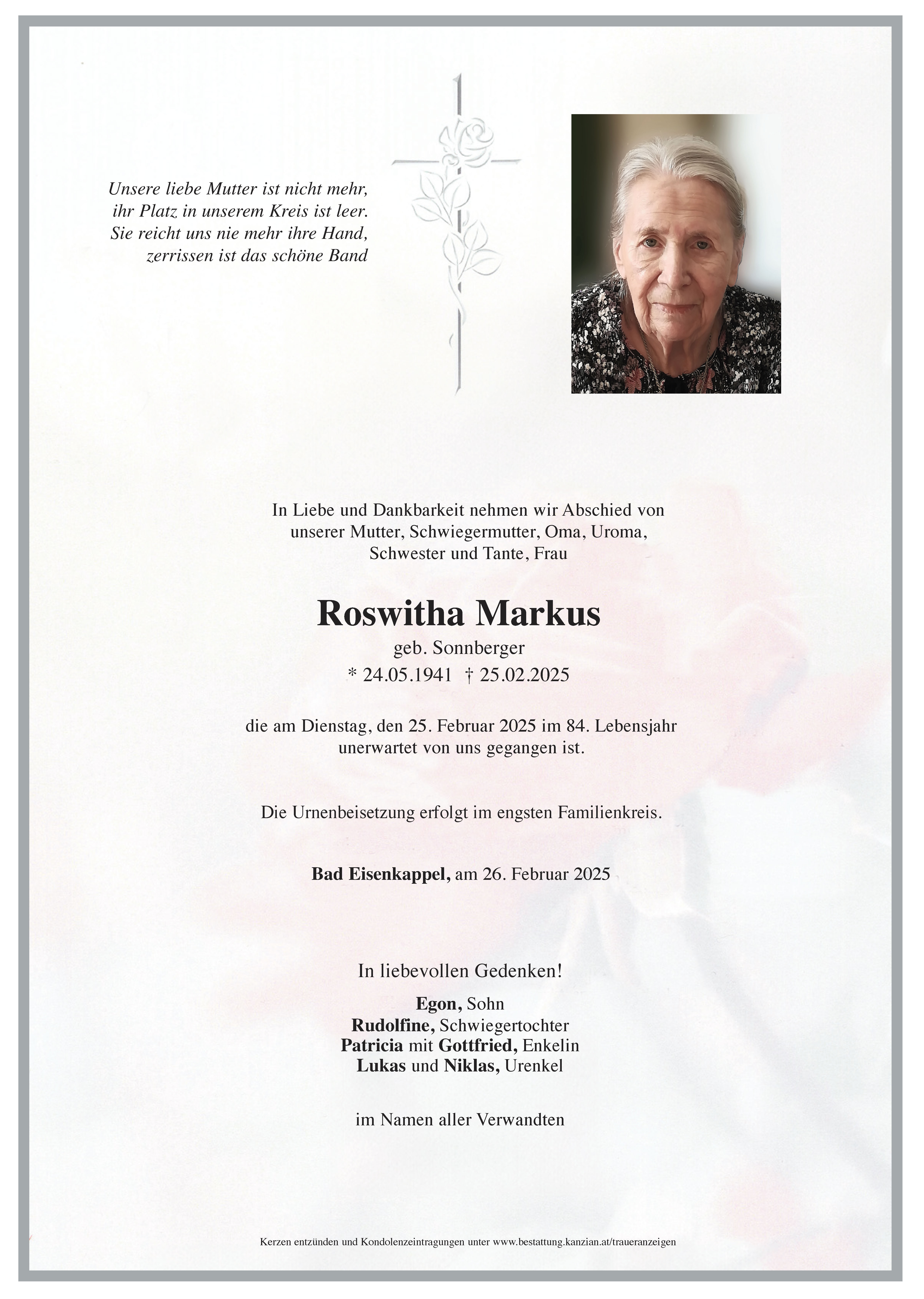 Traueranzeige von Roswitha Markus