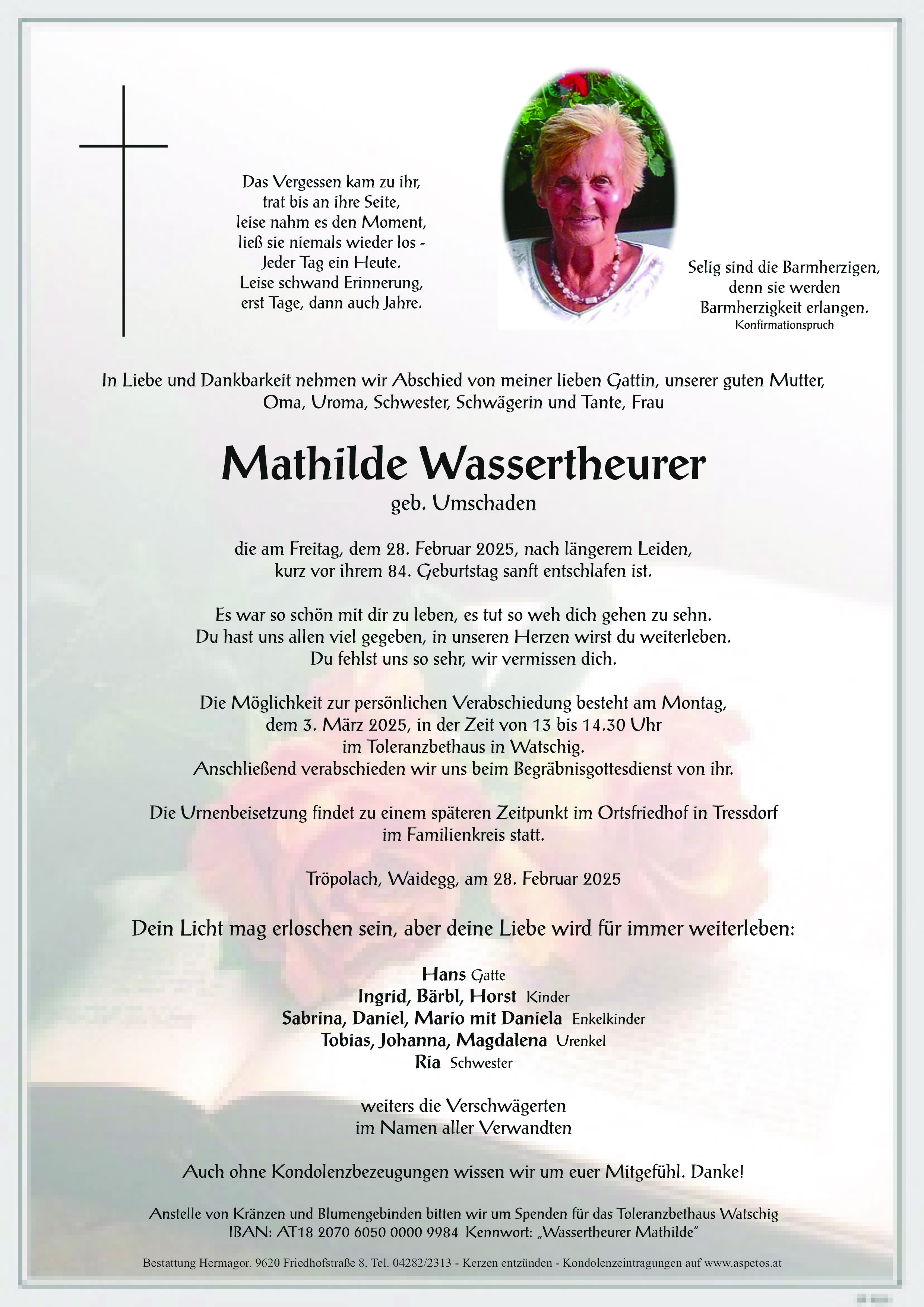 Traueranzeige von Mathilde Wassertheurer