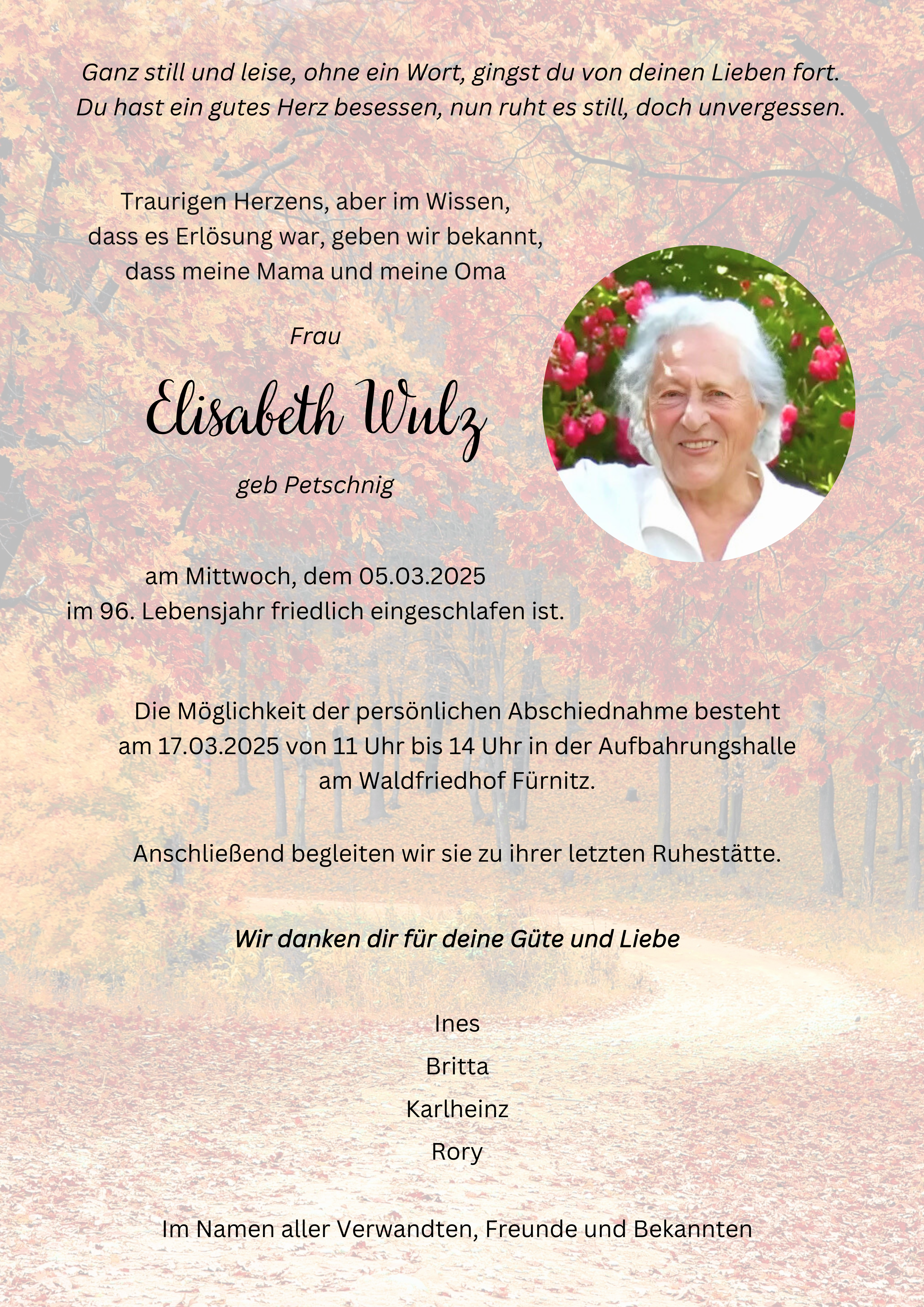 Traueranzeige von Elisabeth Wulz
