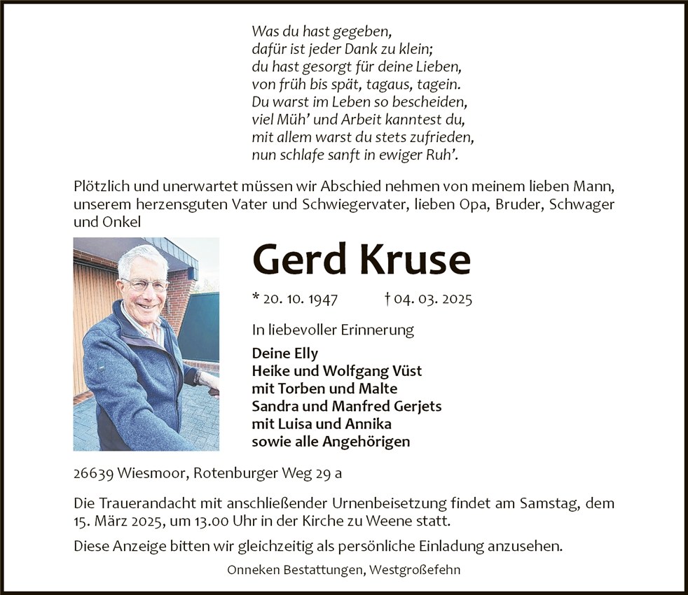 Traueranzeige von Gerd Kruse