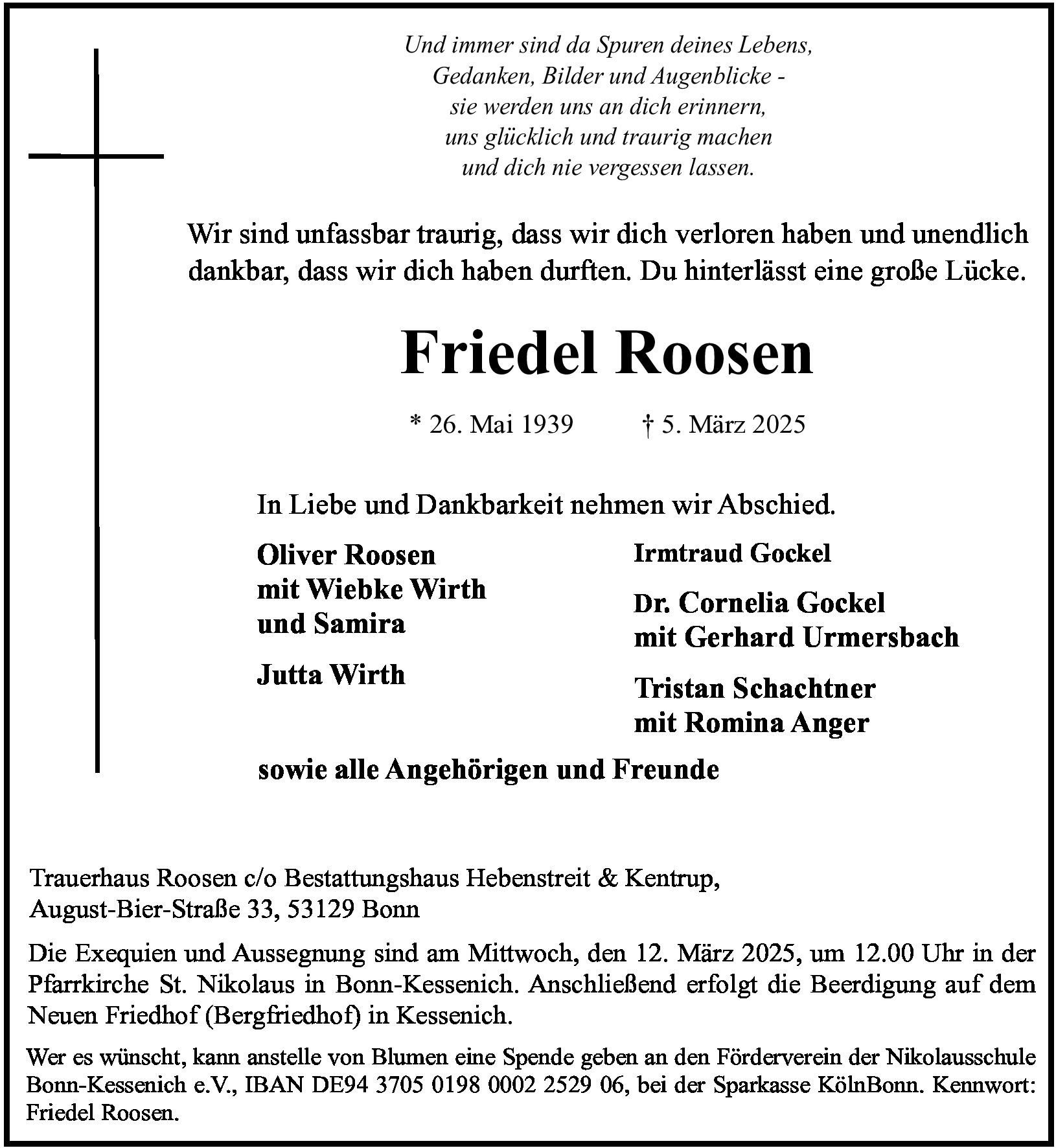 Traueranzeige von Friedel Roosen